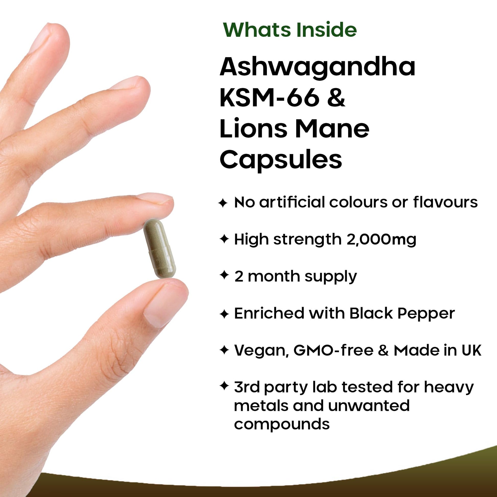 Ashwagandha KSM-66 and Lions Mane Capsules - High Strength 2000mg KSM-66 Ashwaghandha Root Extract and Lions Mane Mushroom Extract - 120 Vegan Capsules with Black Pepper - UK Made by New Leaf - Medaid International