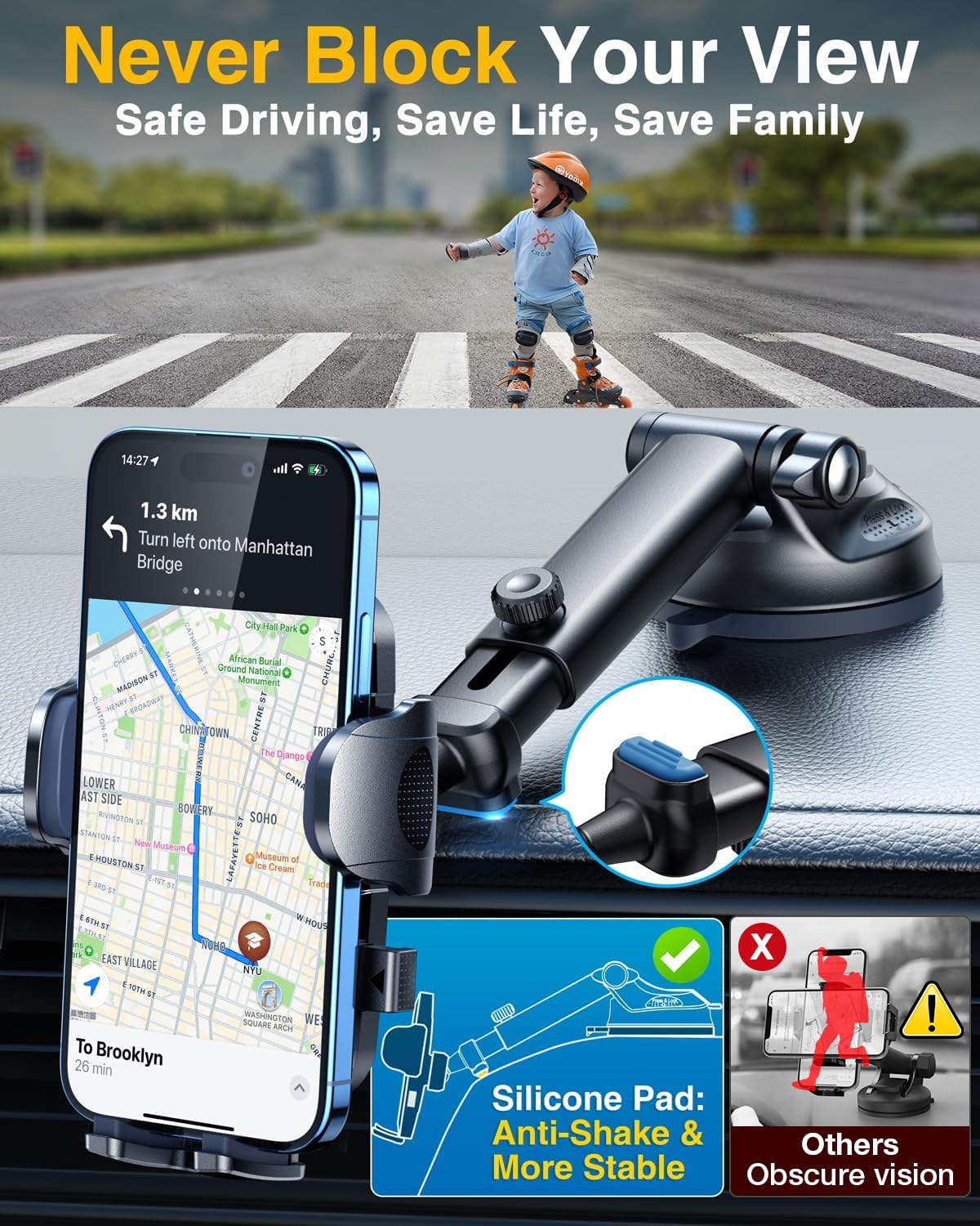 YRU [True Upgrade for Safety] Car Phone Holder Mount [Patent & Military-Grade] Dashboard Cell Phone Holder for Car Vent Windshield Phone Stand for iPhone 17 16 15 14 13 Pro Max Truck Samsung, Black - Medaid International