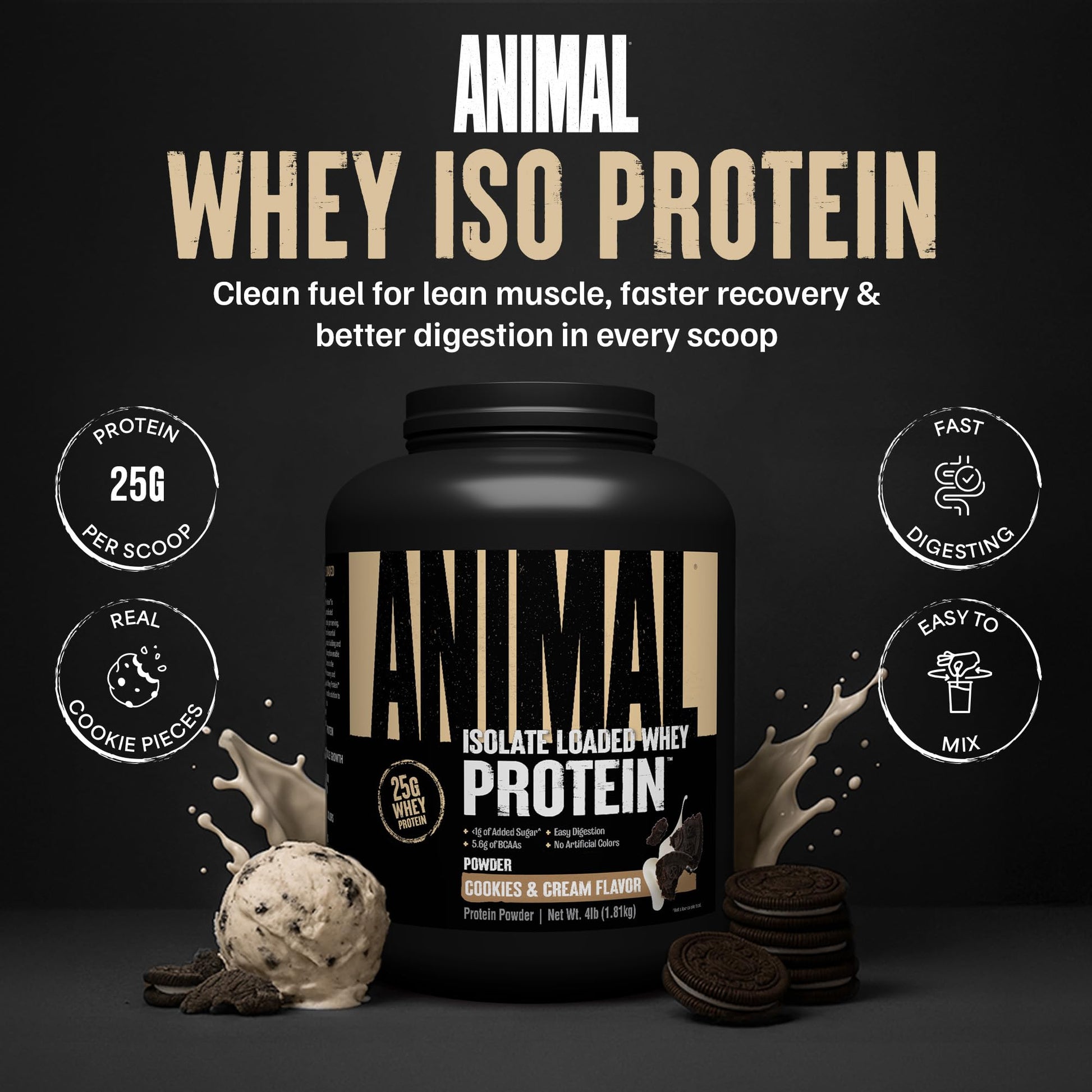 Animal Whey Isolate Protein Powder - Loaded for Pre & Post Workout Muscle Builder and Recovery with Digestive Enzymes for Men & Women - 25g Protein, Great Taste, Low Sugar - Cookies & Cream 4 lbs - Medaid International