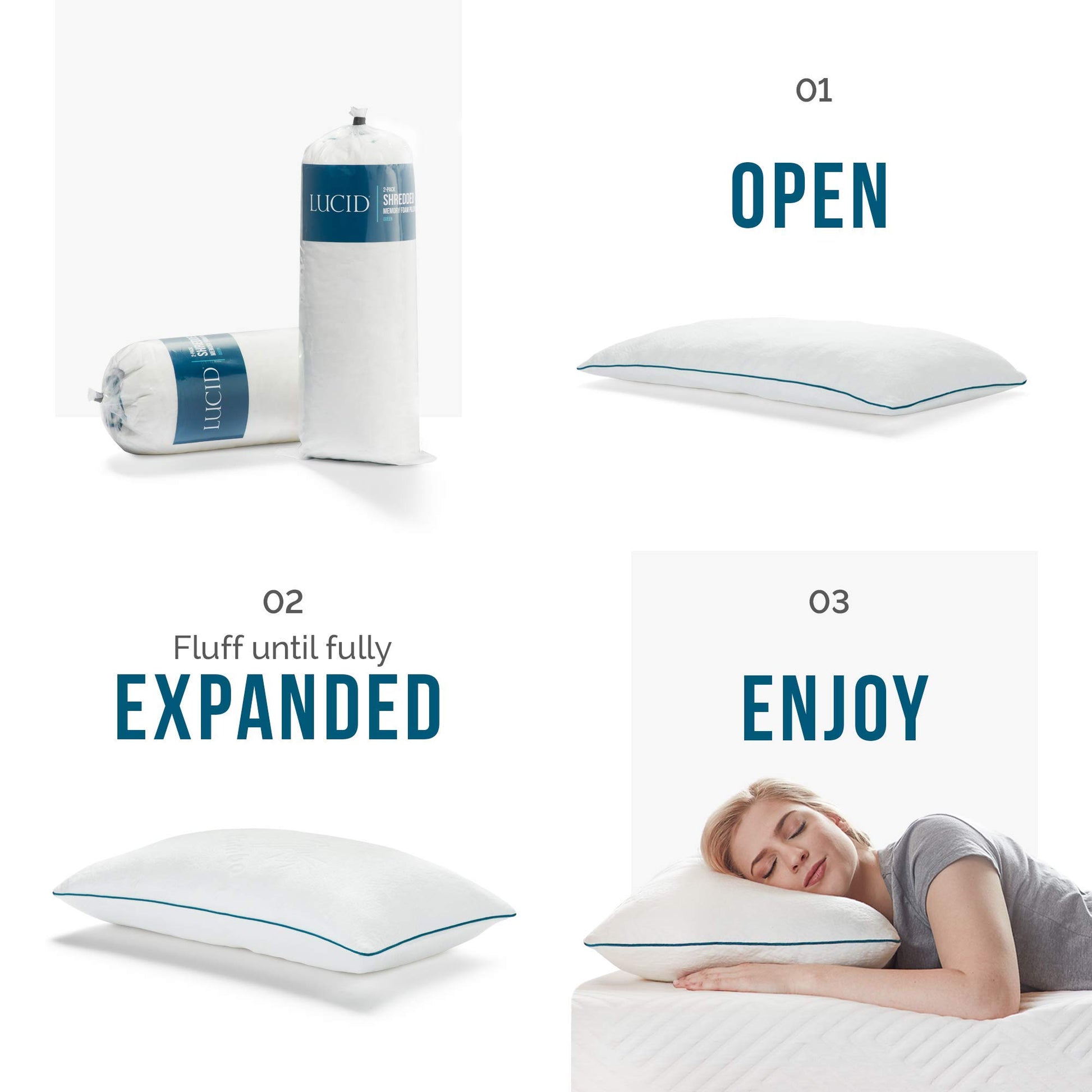 LUCID Premium Shredded Memory Foam Pillow - Hypoallergenic - Moldable Loft - 2 Pack - Queen, White - Medaid International