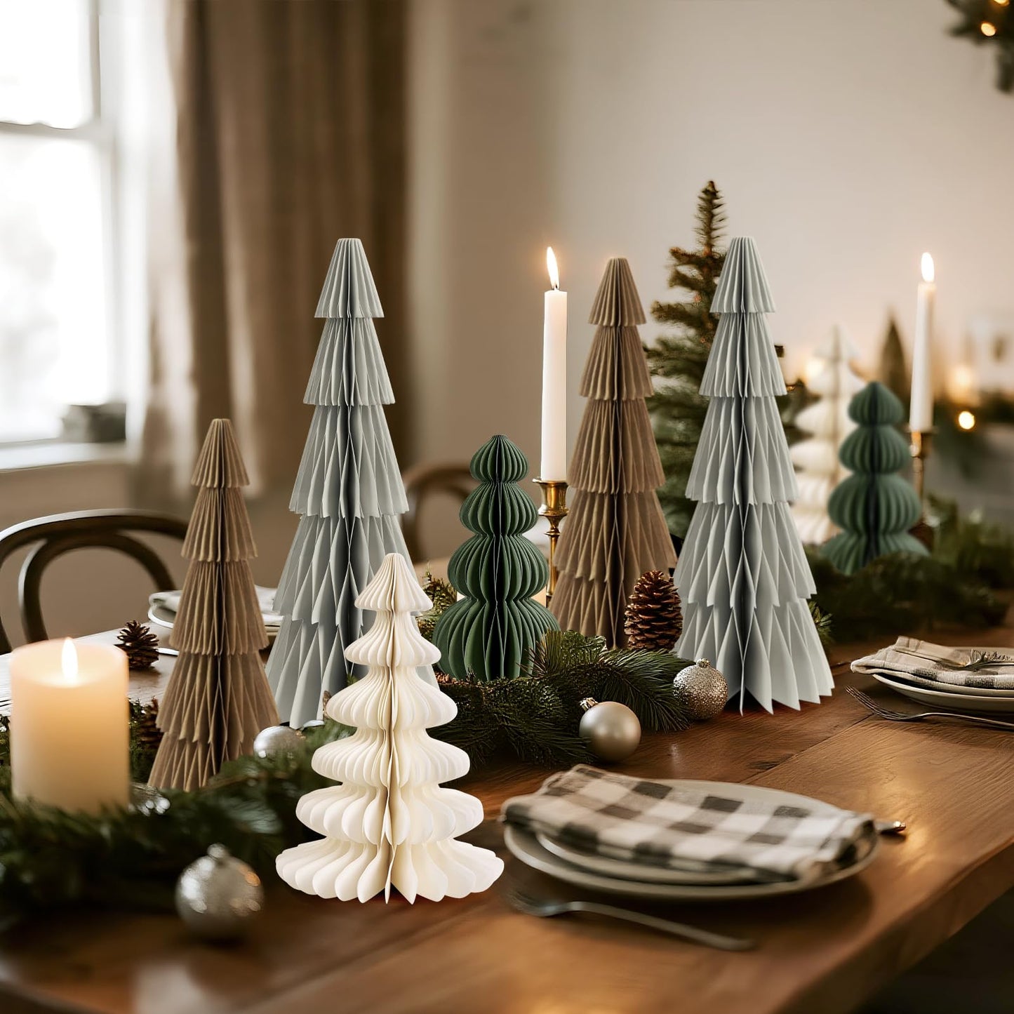 8PCS Paper Christmas Tree, Neutral Christmas Honeycomb Centerpieces, 3D Minimalist Paper Trees Table Decorations for Home Xmas Holiday Party Decor(Gray, Brown, White, Green) - Medaid International
