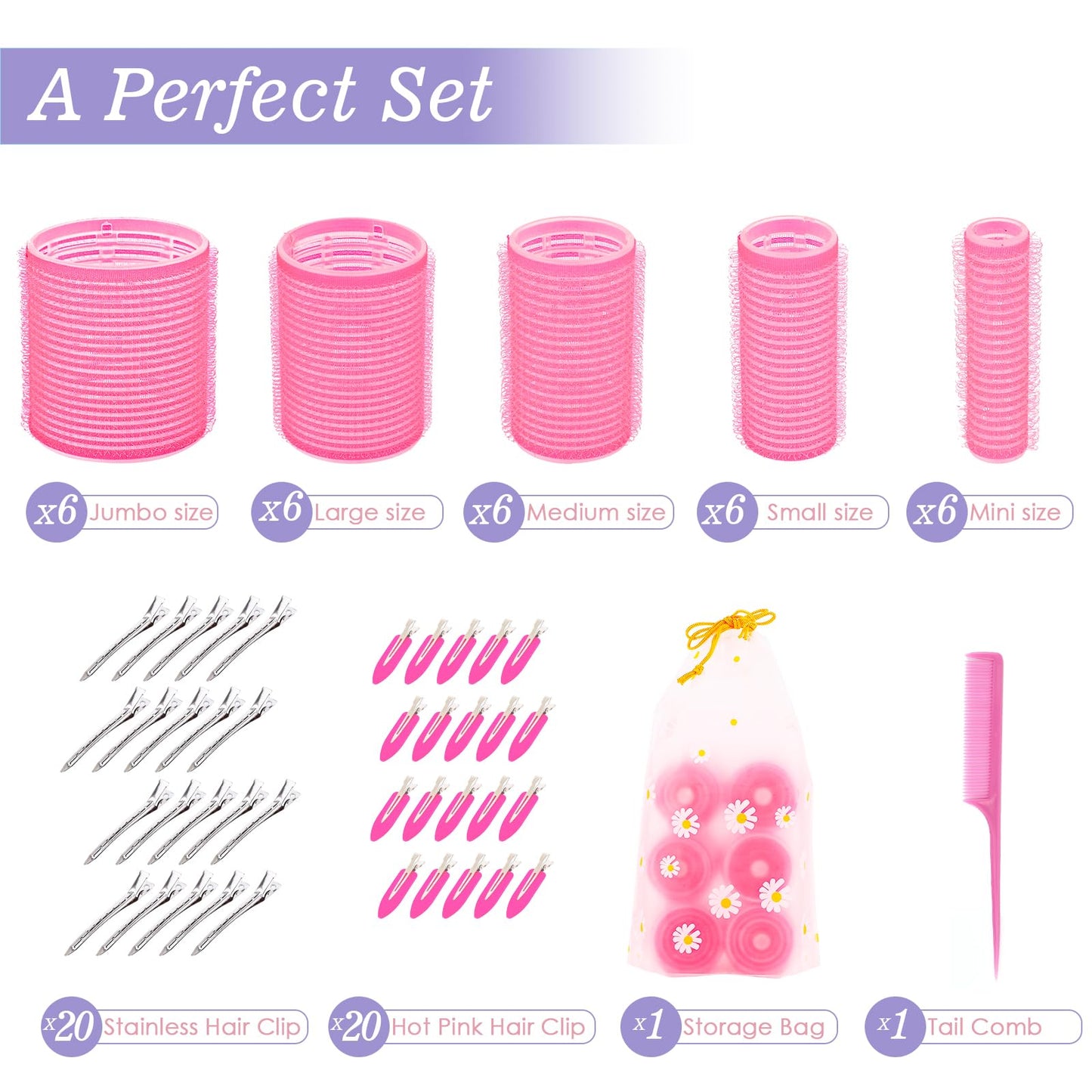 5 Size Hair Rollers, 72Pcs Roller Set, Hair Curlers for Blowout Look Long, Short Hair, Jumbo Large Big Small 30 Hair Rollers, 40 Roller Clips, Tail Comb, Storage Bag - Medaid International