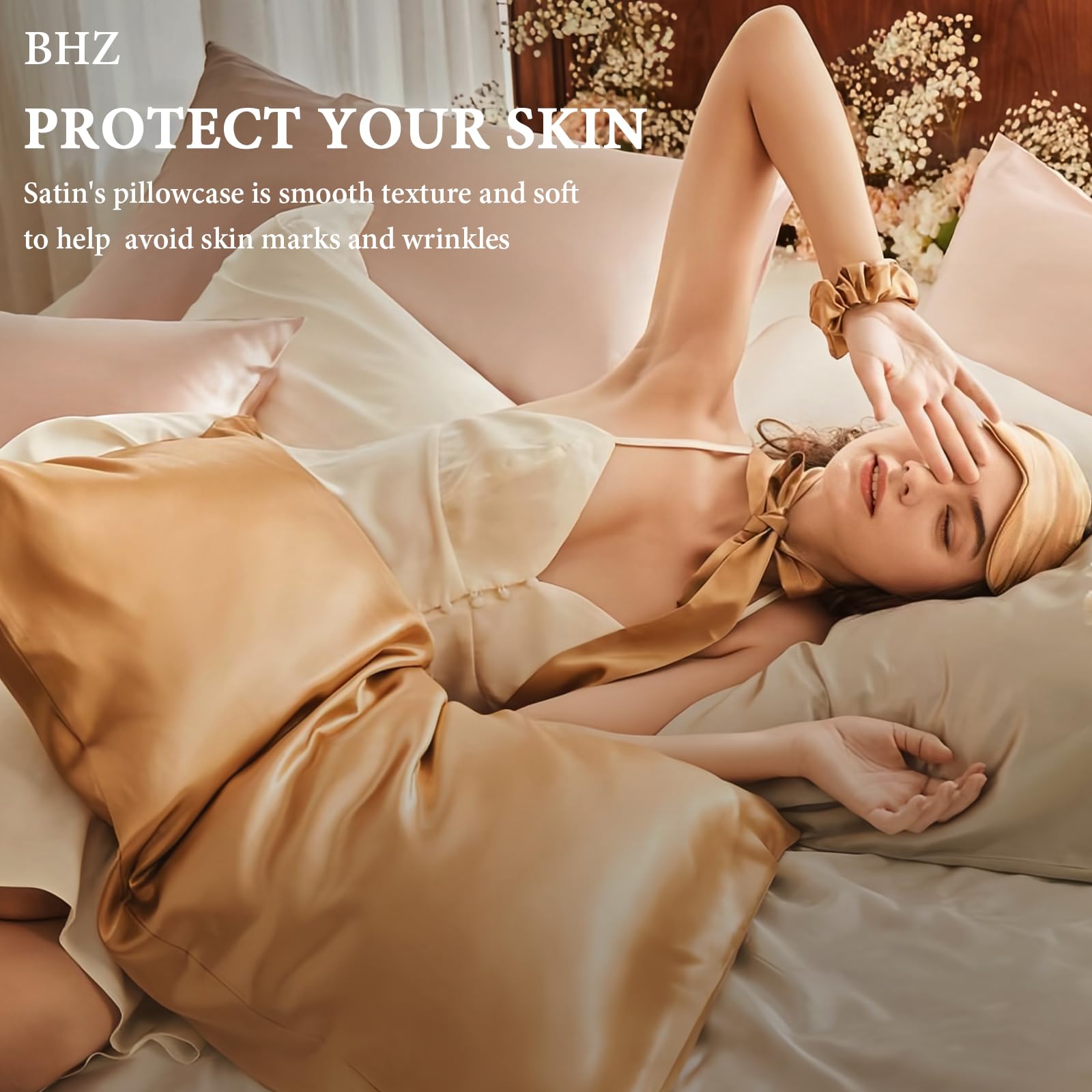 BHZ Satin Goose Down Feather Pillows King Size with Beige Satin Pillowcase for Hair and Skin, Cooling Pillow Cases Similar to Silk Pillow Cases, Christmas Decorative Gifts for Women, Mom Men - Medaid International