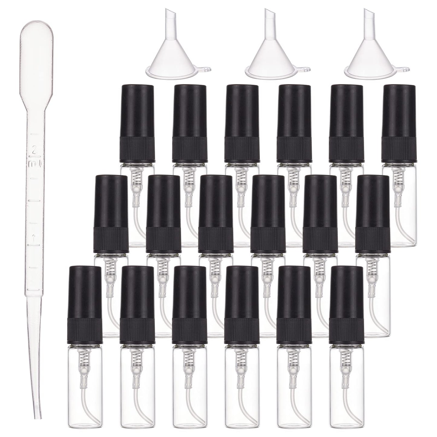 BENECREAT 40PCS 3ml Mini Fine Mist Glass Spray Bottle Clear Glass Travel Empty Atomiser Black Cap with 2PCS Funnel and 4PCS 2ml Pipettes for Perfume, Cosmetic - Medaid International
