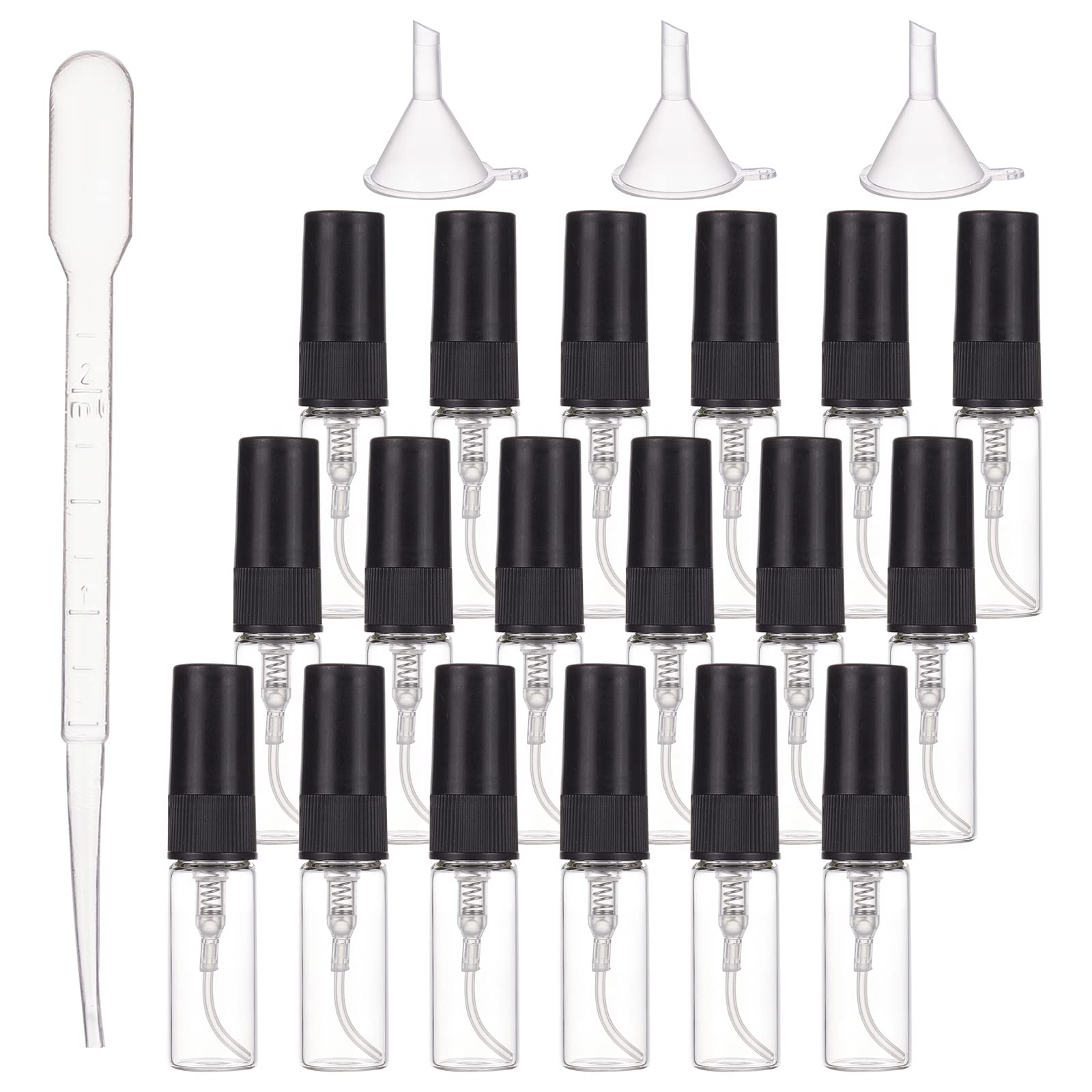 BENECREAT 40PCS 3ml Mini Fine Mist Glass Spray Bottle Clear Glass Travel Empty Atomiser Black Cap with 2PCS Funnel and 4PCS 2ml Pipettes for Perfume, Cosmetic - Medaid International