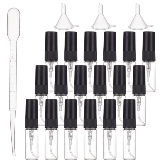 BENECREAT 40PCS 3ml Mini Fine Mist Glass Spray Bottle Clear Glass Travel Empty Atomiser Black Cap with 2PCS Funnel and 4PCS 2ml Pipettes for Perfume, Cosmetic - Medaid International