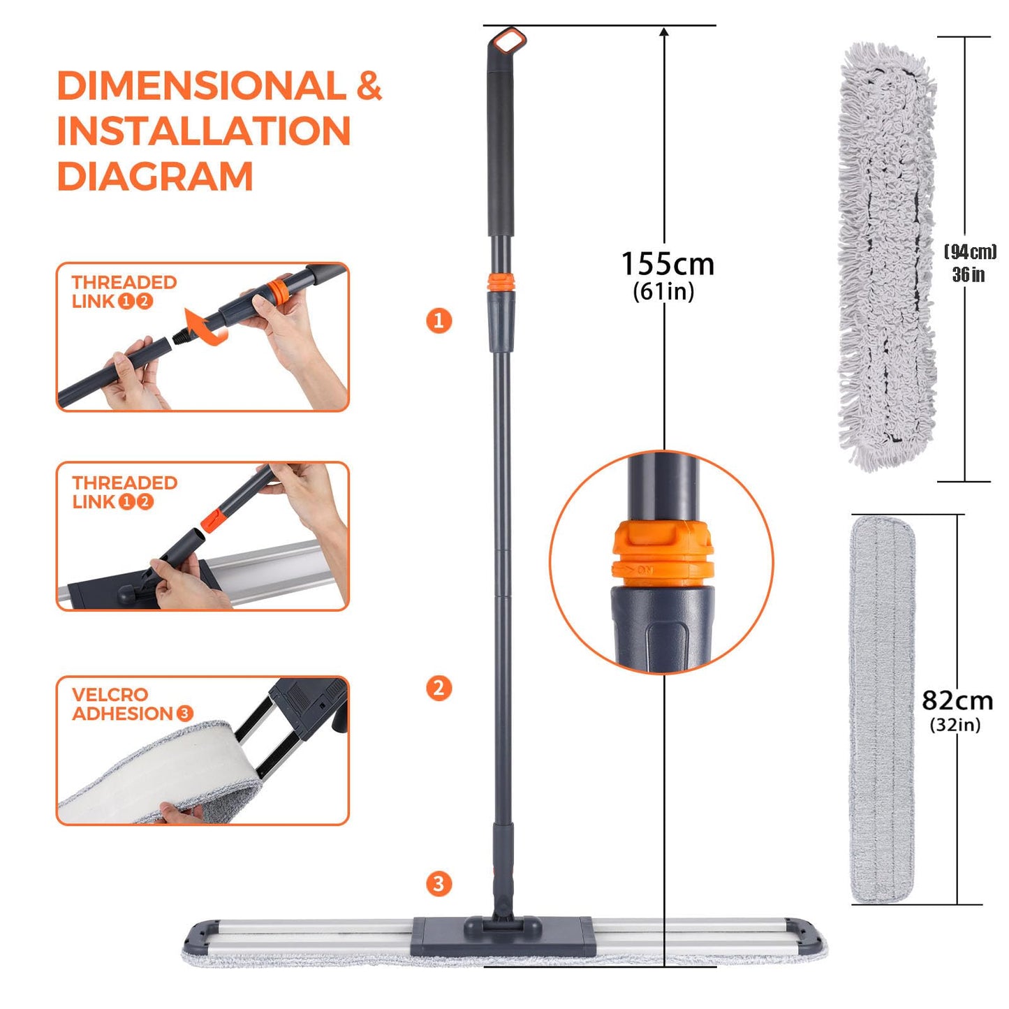 36" Large Wrestling mat mop Commercial Dust Mops for Floor Cleaning Push mop with Adjustable Handle for Company Hotel Household Cleaning Supplies - Medaid International