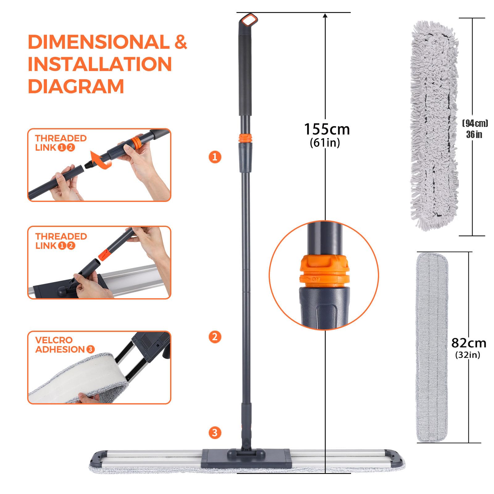 36" Large Wrestling mat mop Commercial Dust Mops for Floor Cleaning Push mop with Adjustable Handle for Company Hotel Household Cleaning Supplies - Medaid International