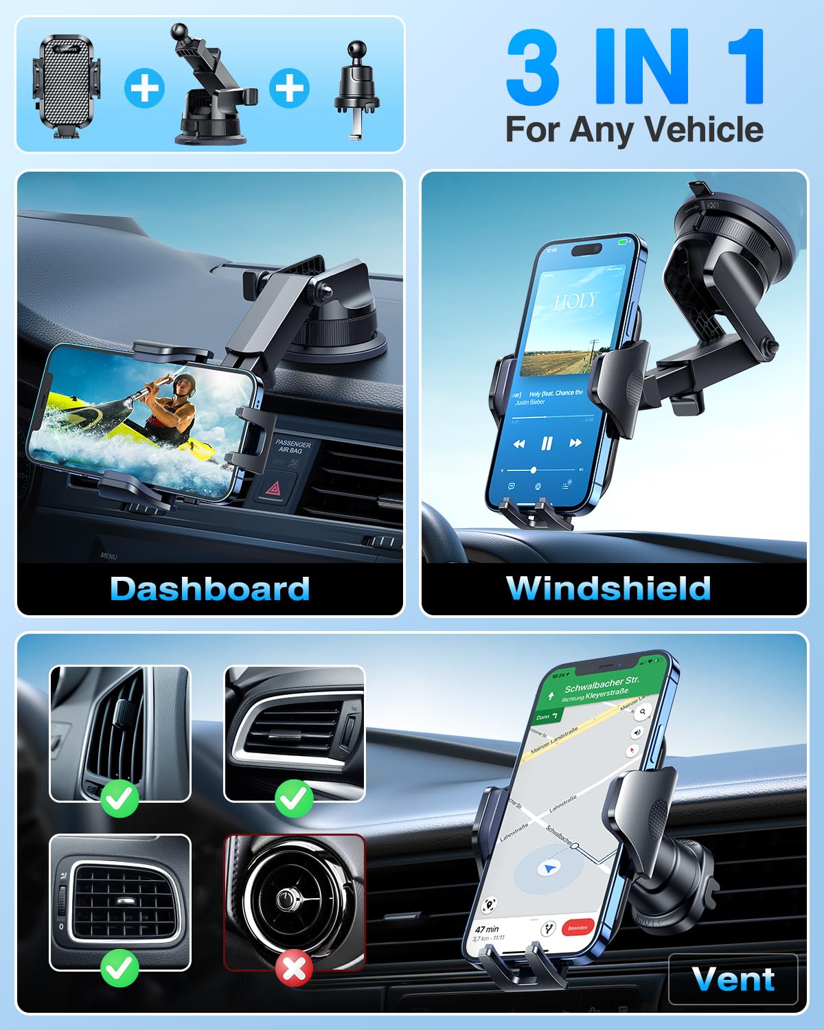 [2025 True Military-Grade] Car Phone Holder VANMASS [Upgraded Strongest Suction & Clip] Cell Phone Mount for Dashboard Windshield Vent Wall,Truck Cradle Stand for iPhone 17 Pro Max 16 15 14 13 Android - Medaid International