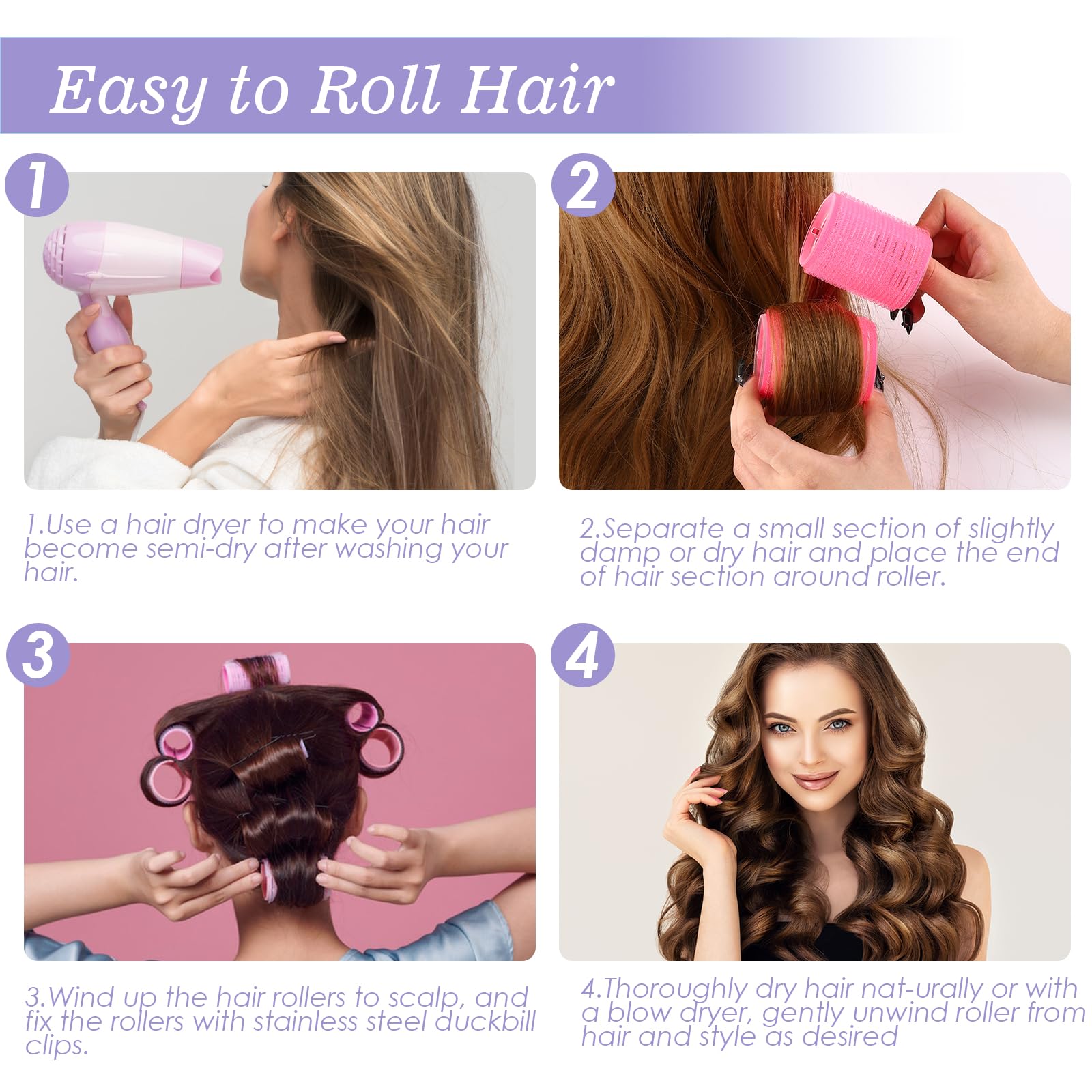 5 Size Hair Rollers, 72Pcs Roller Set, Hair Curlers for Blowout Look Long, Short Hair, Jumbo Large Big Small 30 Hair Rollers, 40 Roller Clips, Tail Comb, Storage Bag - Medaid International