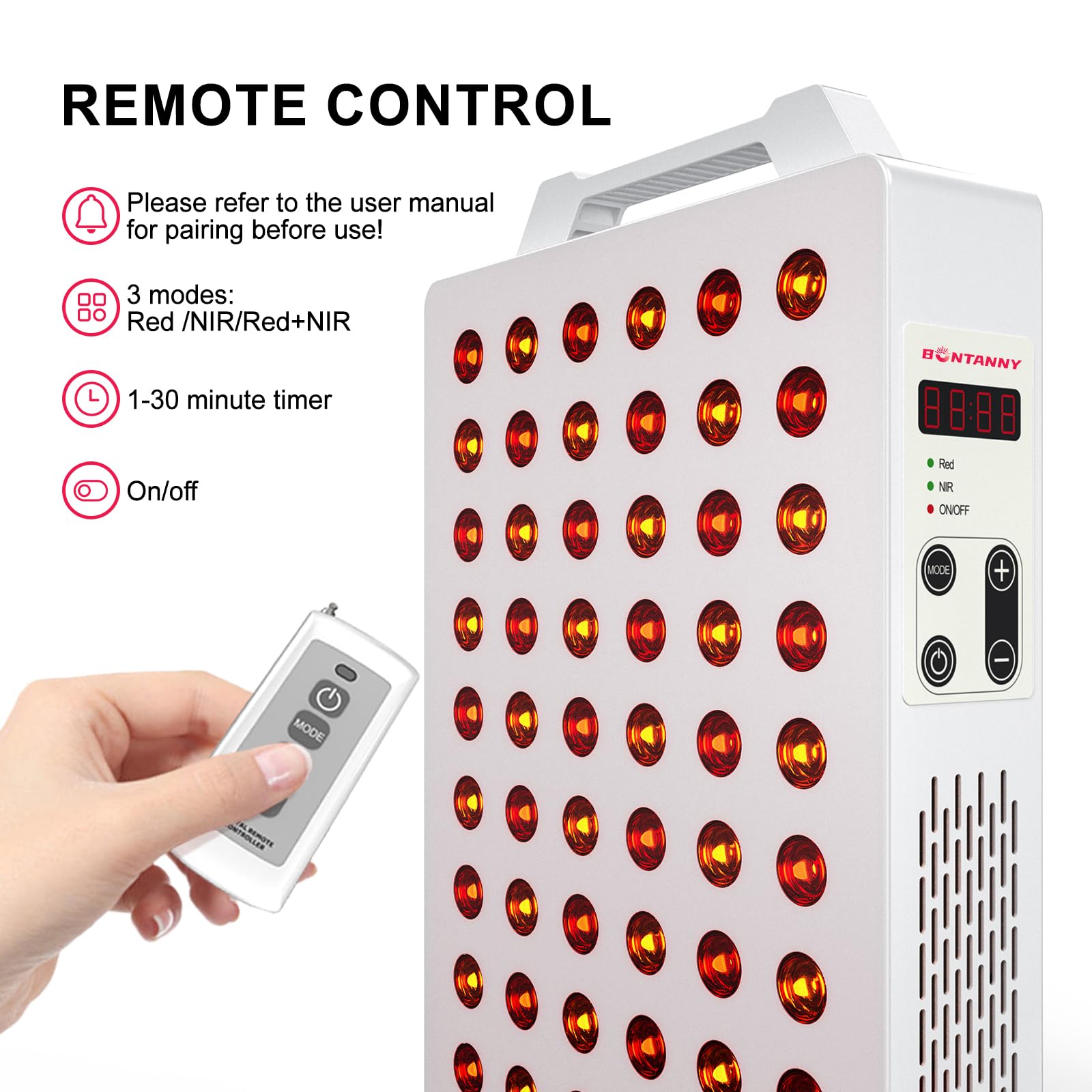 BONTANNY Red Light Therapy, 630/660/810/830/850nm 5 Wavelengths Red Near Infrared Light Device with 60 Dual Chip Clinical Grade LEDs, Remote Control, Timer for Face, Body, Pain Relief, BO-300 (White) - Medaid International