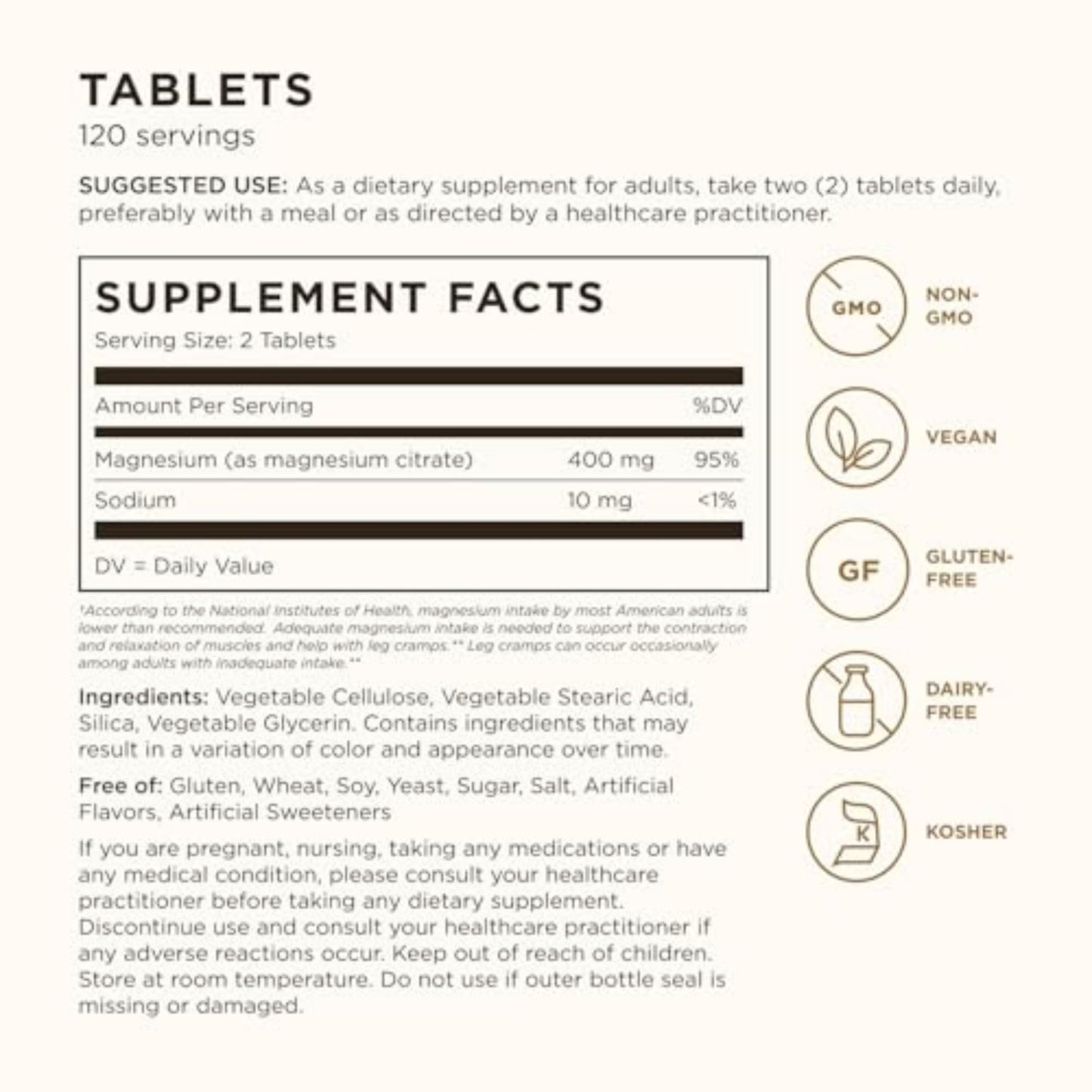 Solgar Magnesium Citrate, 120 Tablets - Promotes Healthy Bones - Supports Nerve & Muscle Function - Non GMO, Vegan, Gluten Free, Dairy Free, Kosher - 60 Servings, Standard Packaging - Medaid International