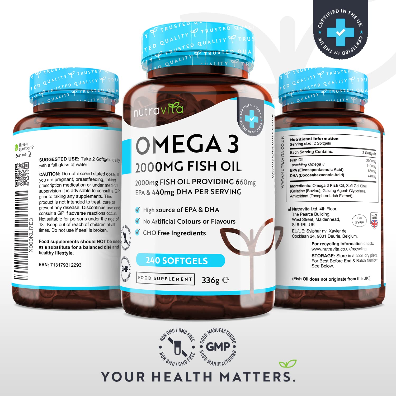 Omega 3 Pure Fish Oil 2000mg – 660mg EPA & 440mg DHA per Daily Serving – 240 Softgel Capsules – 4 Months Supply – for Maintenance of Normal Heart and Brain Function – Made in The UK by Nutravita - Medaid International