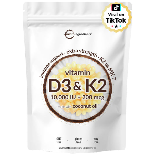 Micro Ingredients Vitamin D3 10,000 IU + K2 MK-7 200 mcg, 300 Softgels | Virgin Coconut Oil | 2-in-1 Bone, Immune & Heart Support | Easy to Swallow, Non-GMO - Medaid International