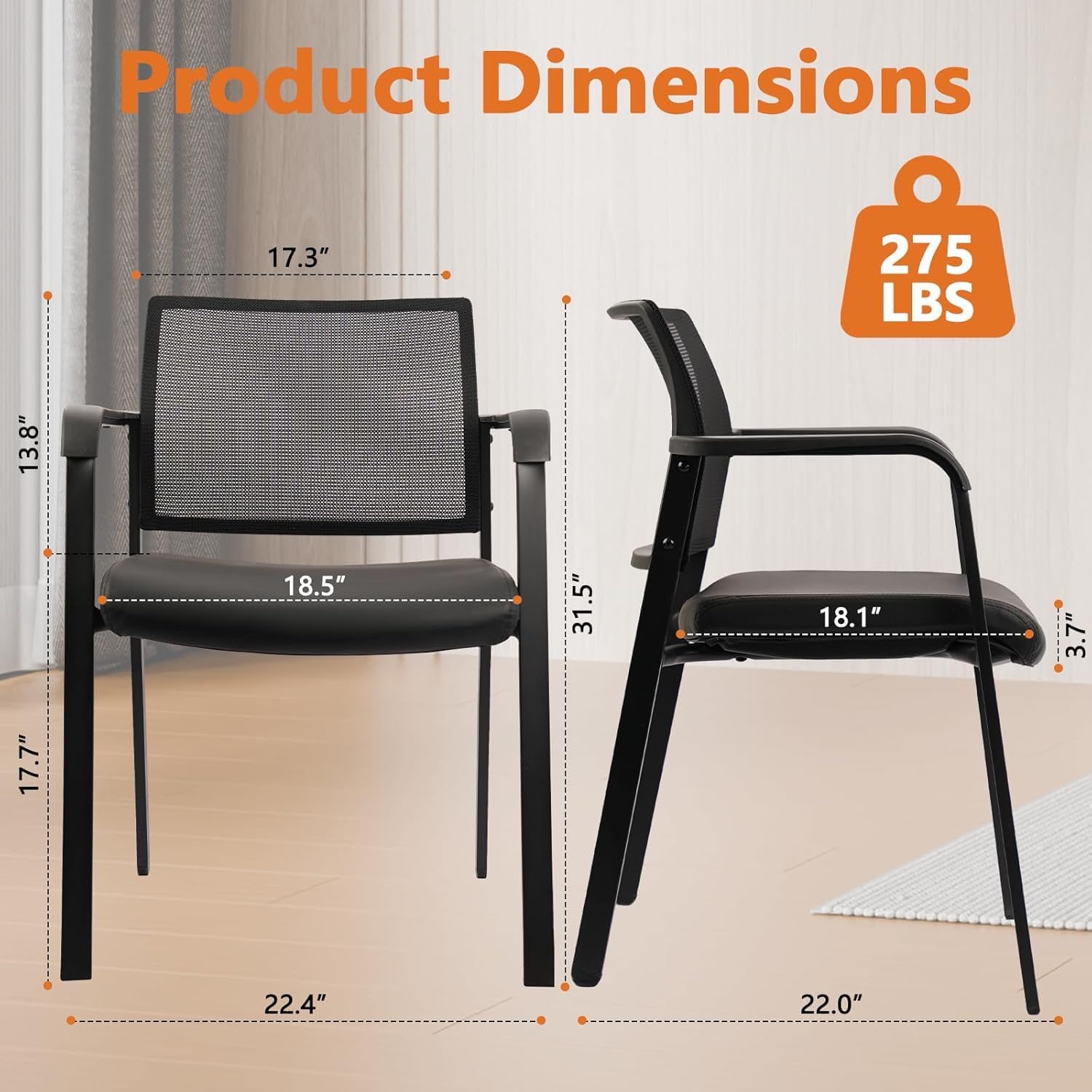 CLATINA Stackable Office Chair, Mesh Back Guest Chairs with Comfortable Leather Seat Arms Stacking Ergonomic Desk Chair No Wheels for Conference Waiting Reception School Stationary, Black, Set of 8 - Medaid International