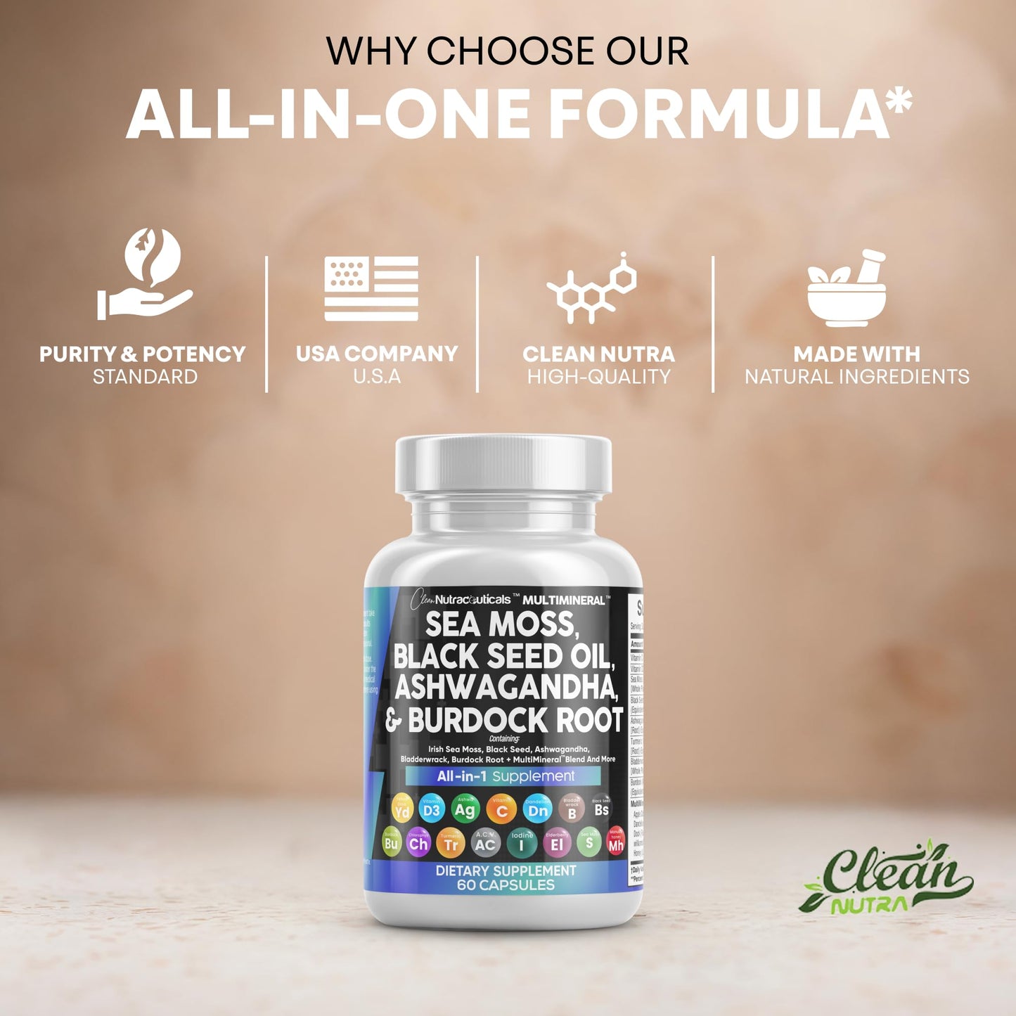 Clean Nutraceuticals Sea Moss Black Seed Oil Ashwagandha Turmeric Bladderwrack Burdock & Vitamin C Vitamin D3 with Elderberry Manuka Dandelion Yellow Dock Iodine Chlorophyll ACV - Medaid International