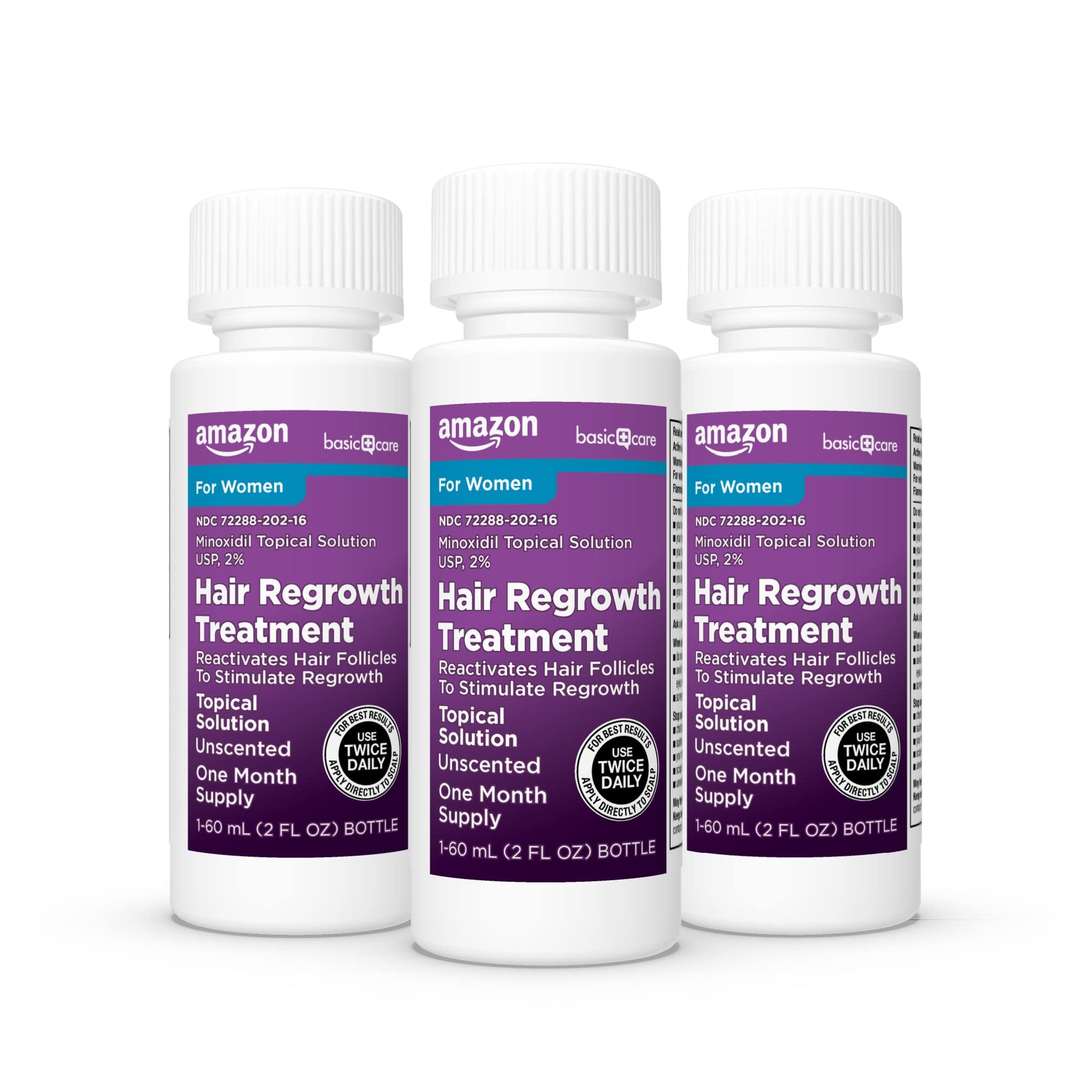 Amazon Basic Care Minoxidil Topical Solution USP, 2% Hair Regrowth Treatment for Women, 3-Month Supply, Unscented, 2 fl oz (Pack of 3) - Medaid International