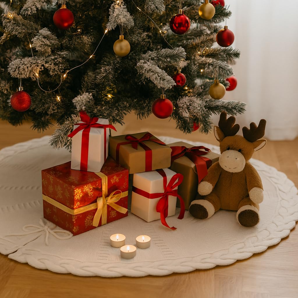 PUKUPIG 24 Inch White Knitted Small Christmas Tree Skirt, Chunky Cable Knit with Braided Scalloped Edge, Perfect for Xmas Holiday Decorations - Medaid International