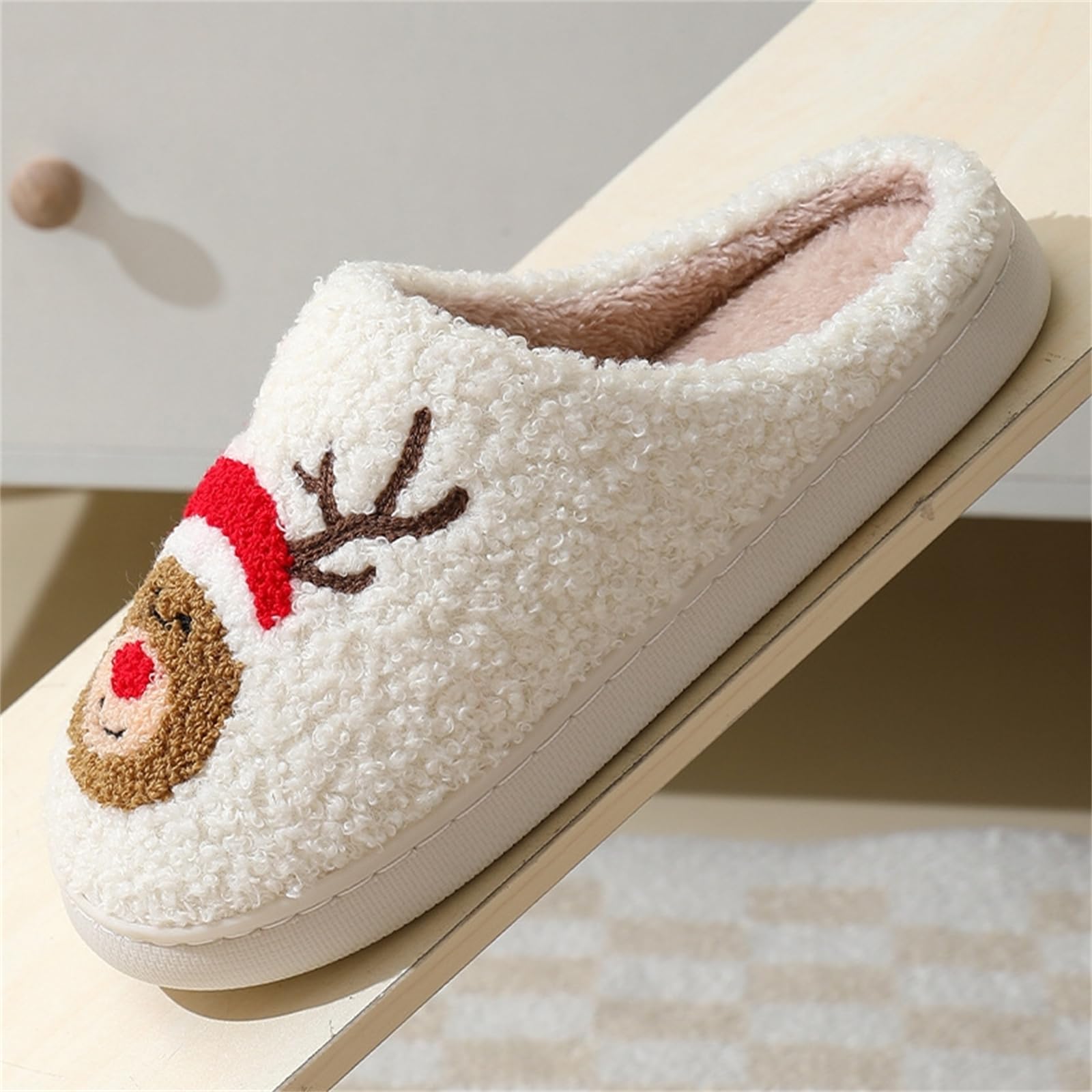 Christmas Slippers Cute Pattern Gingerbread Man Red Santa Hat Warm Soft Bedroom Shoes Fuzzy Closed Toe Sandals Non Slip House Bedroom - Medaid International