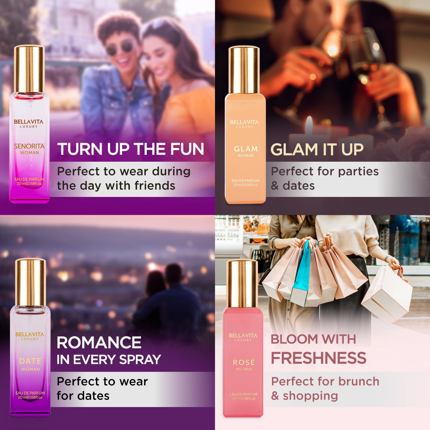 BellaVita Luxury Women's Perfume Gift Set (4x20ml) | Notes of Floral, Sweet, Spicey Red Fruit, Vanilla & Musk | DATE, SENORITA, GLAM & ROSE | French Parfum Collection Gift Set - Medaid International