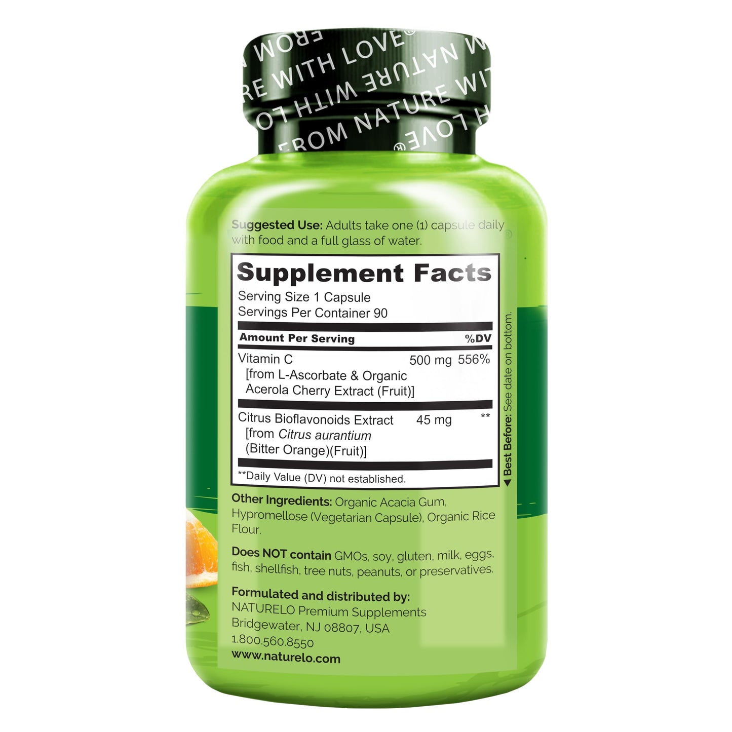 NATURELO Vitamin C with Organic Acerola Cherry Extract and Citrus Bioflavonoids - Vegan Supplement - Immune Support - 500 mg VIT C per Cap - Non-GMO - 90 Capsules - Medaid International