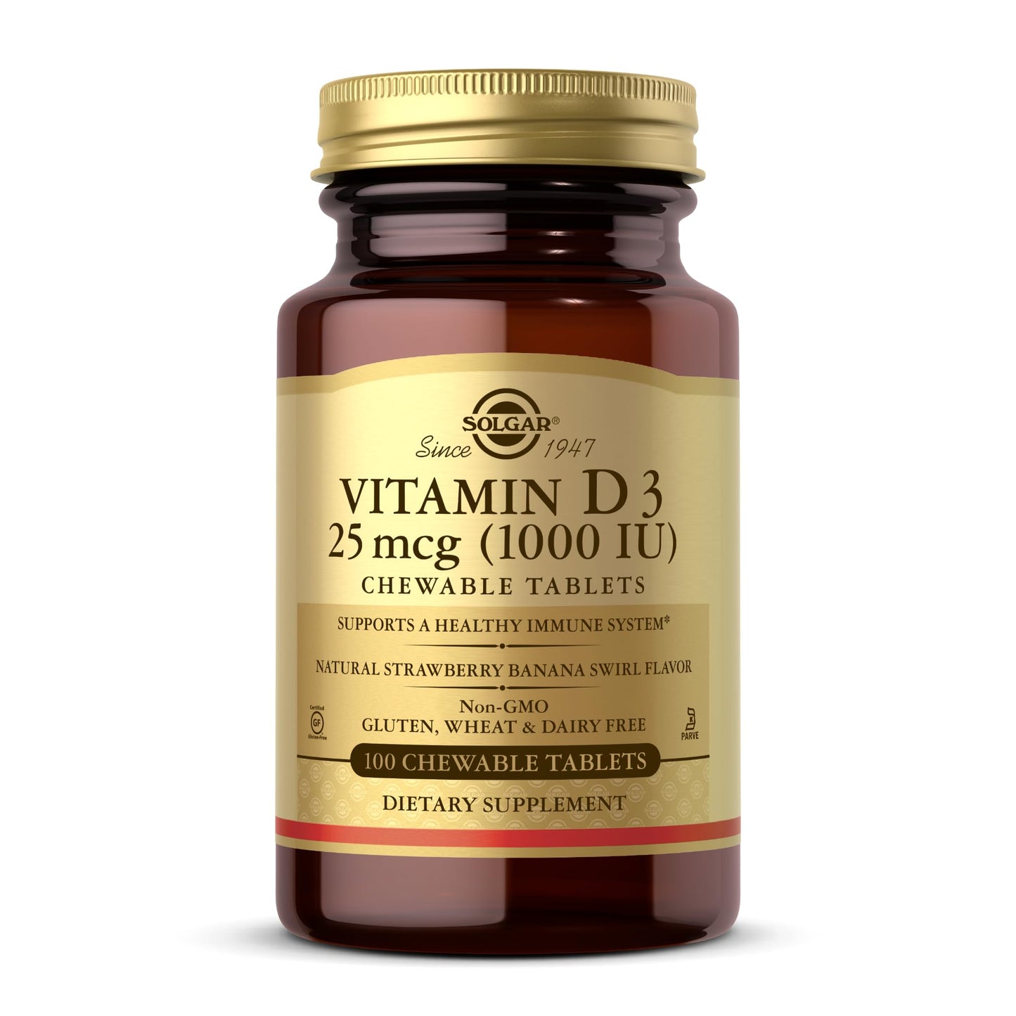 Solgar Vitamin D3 (Cholecalciferol) 25 mcg (1000 IU), Natural Strawberry Banana Swirl - 100 Chewable Tablets - Non-GMO, Kosher - 100 Servings - Medaid International