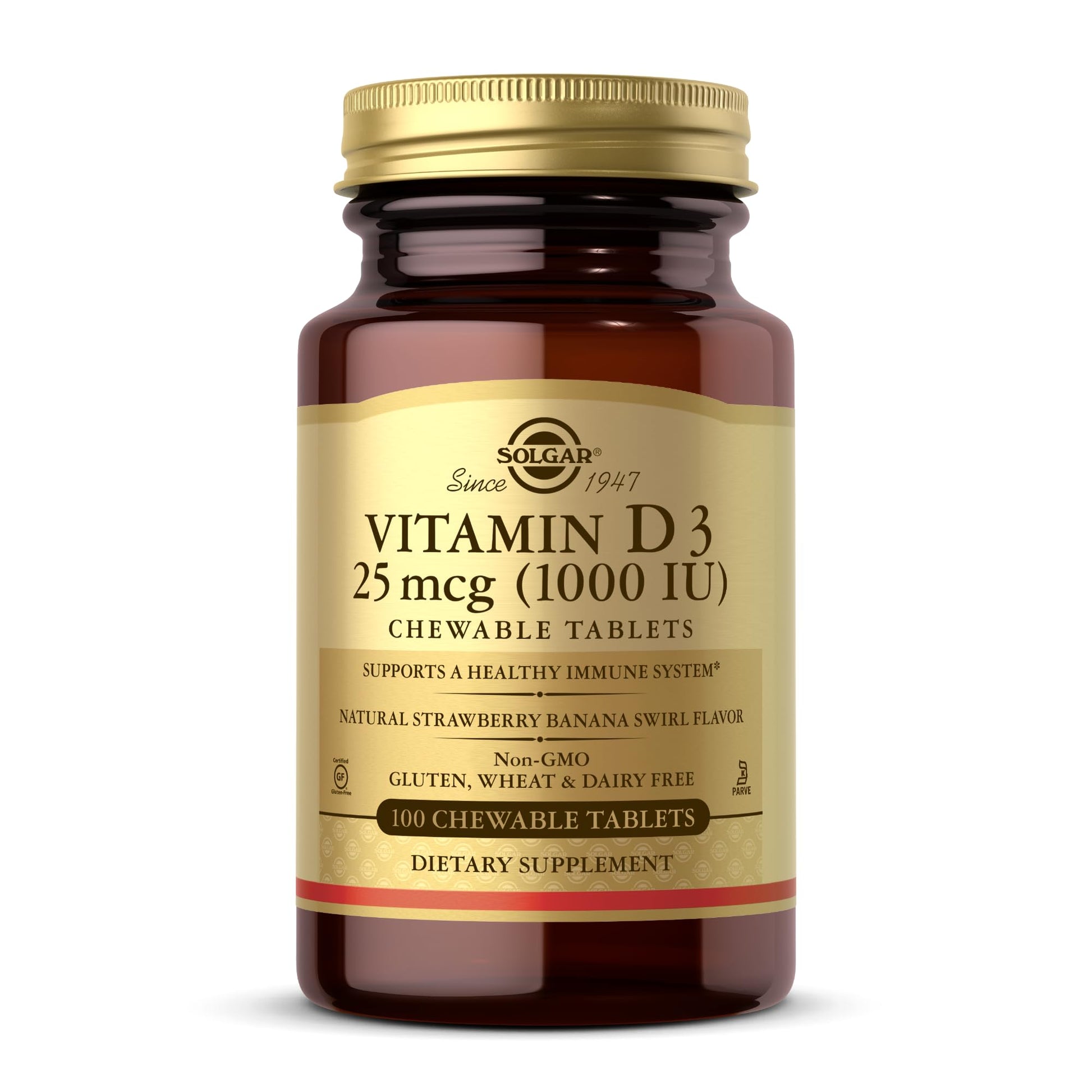 Solgar Vitamin D3 (Cholecalciferol) 25 mcg (1000 IU), Natural Strawberry Banana Swirl - 100 Chewable Tablets - Non-GMO, Kosher - 100 Servings - Medaid International