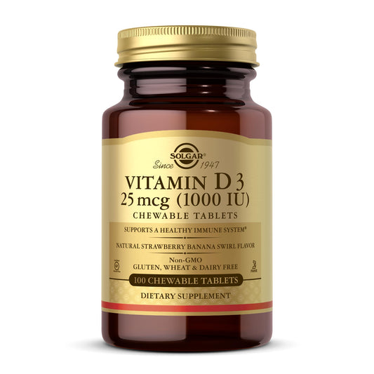 Solgar Vitamin D3 (Cholecalciferol) 25 mcg (1000 IU), Natural Strawberry Banana Swirl - 100 Chewable Tablets - Non-GMO, Kosher - 100 Servings - Medaid International