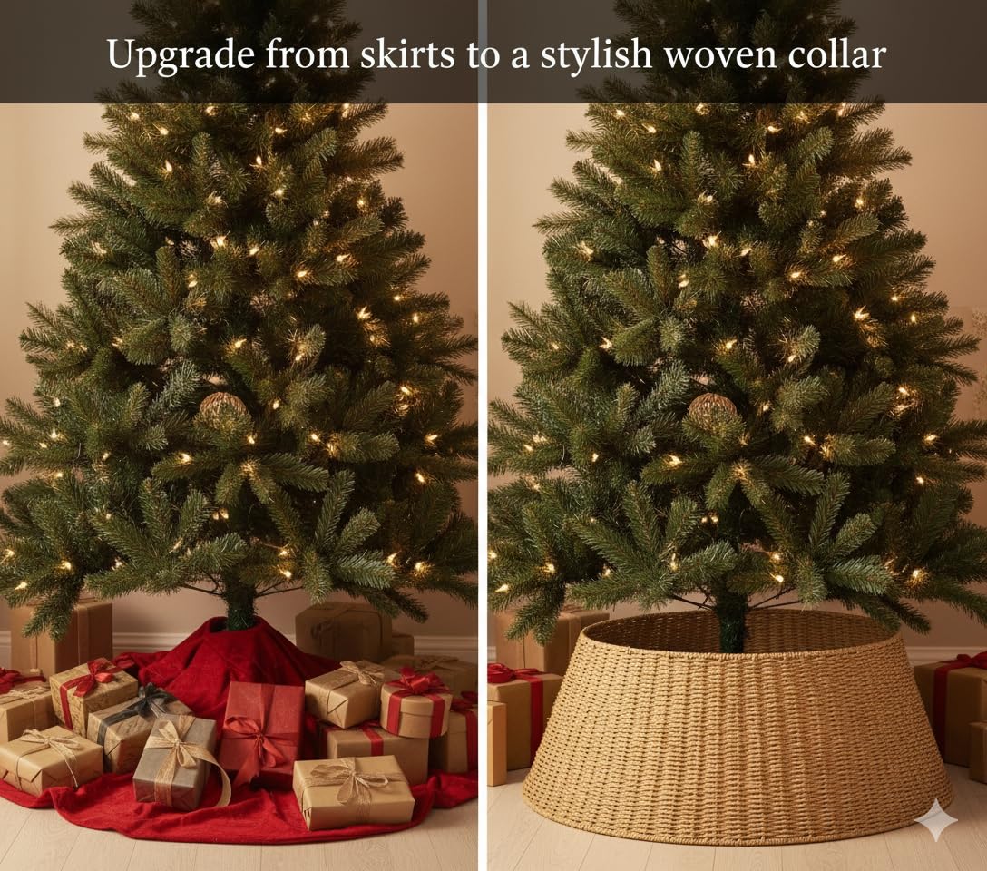 27in Farmhouse Christmas Tree Collar - Tree Basket - Natural Woven - Base Cover for Christmas Tree - Tree Skirt - Tree Ring - Medaid International