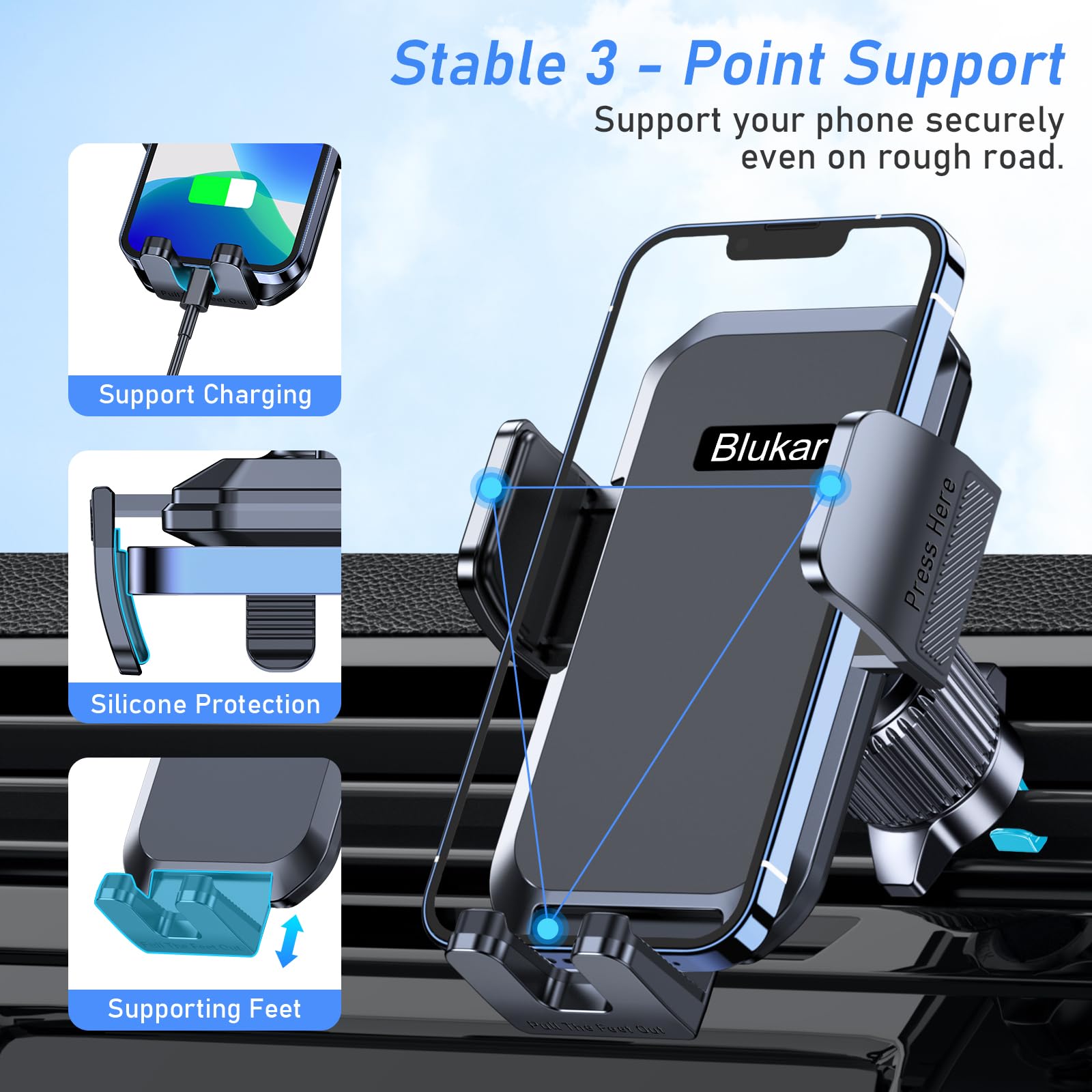 Car Phone Holder Mount, Super Stable Air Vent Cell Phone Car Mount with 2025 Metal Hook Clip, 360° Rotation,One Button Release for iPhone, Galaxy, Google, and All Other Smartphones - Medaid International
