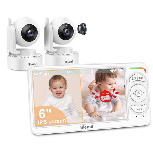 Blemil 6" Baby Monitor with 2 Cameras 4000mAh Battery Upgrade Split Screen Video Baby Monitor No WiFi Remote Pan-Tilt-Zoom Auto-Night Vision 150 Languages ECO Mode 2-Way Talk 1000FT (Ideal Condition) - Medaid International