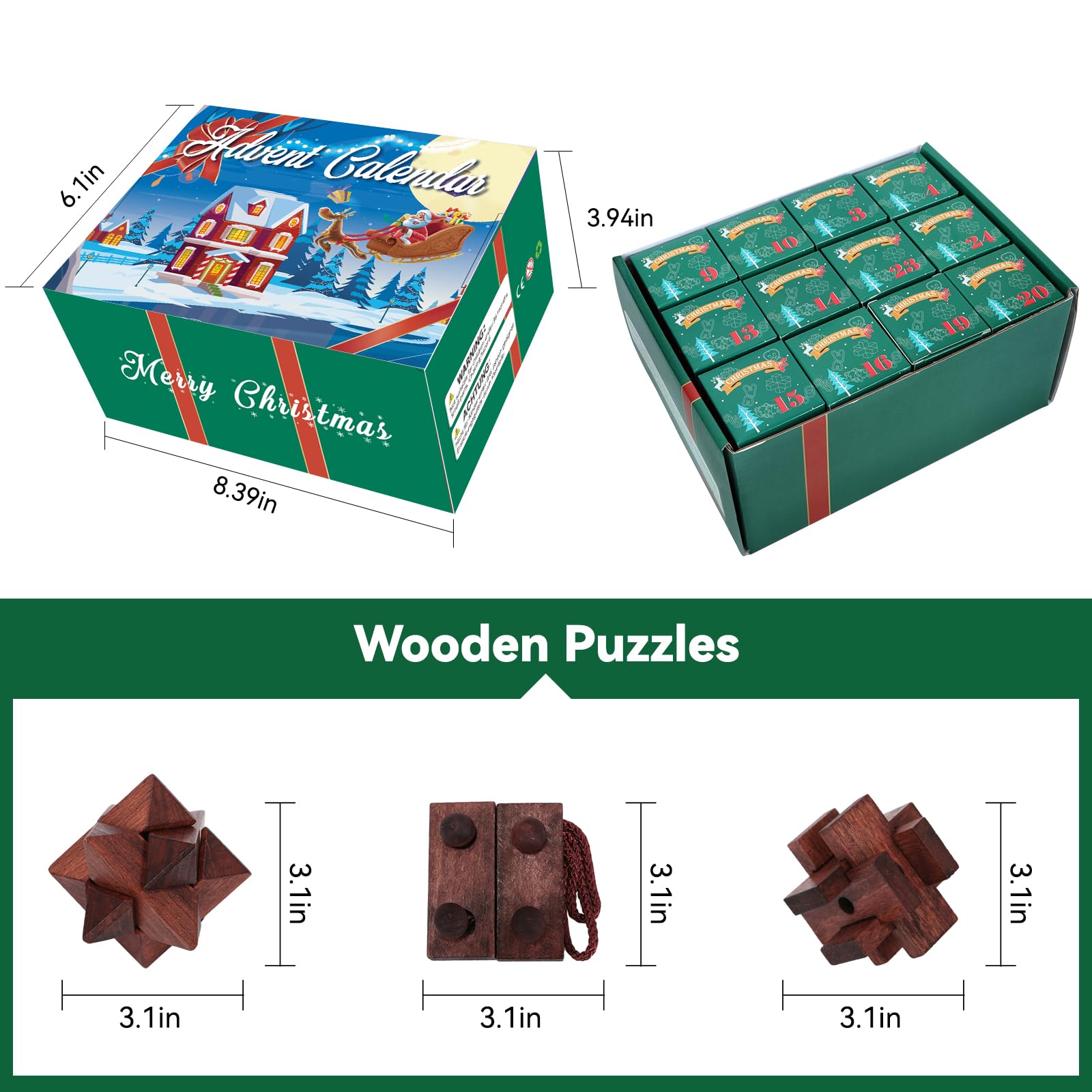 Advent Calendar 2025, Christmas Countdown Calendar Gift Box with 24 Brain Teaser Puzzles, 24 Days Wooden Brain Teaser Puzzles Xmas Countdown Calendar Challenge for Adults Teens Boys Girls - Medaid International