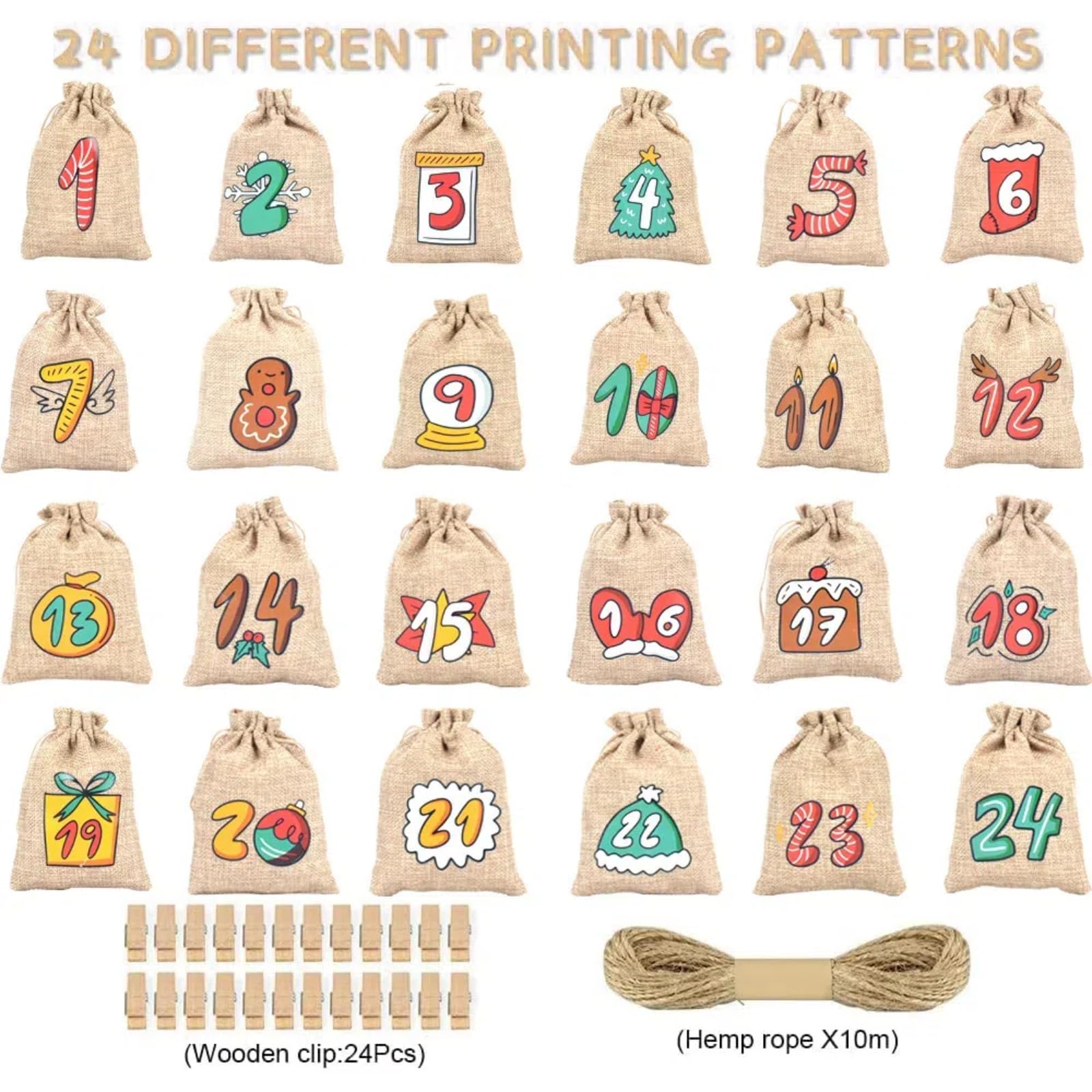 Christmas Advent Calendar Bags, 24 Days Countdown Calendar Burlap bags Hanging Advent Calendar Gift Favors for Xmas Decorations, Cute for kids, Reusable Fabric Bags With Drawstring Closure - Medaid International