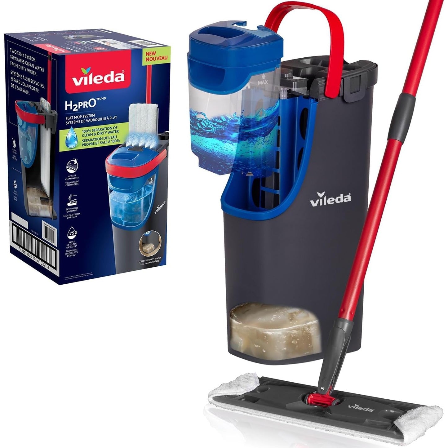 Vileda H2PrO Flat mop System - Revolutionary Clean and Dirty Water Separation - Water-Saving Design - Compact Storage - Ergonomic Handle - Microfibre Power - Can be Used one-Handed - Medaid International