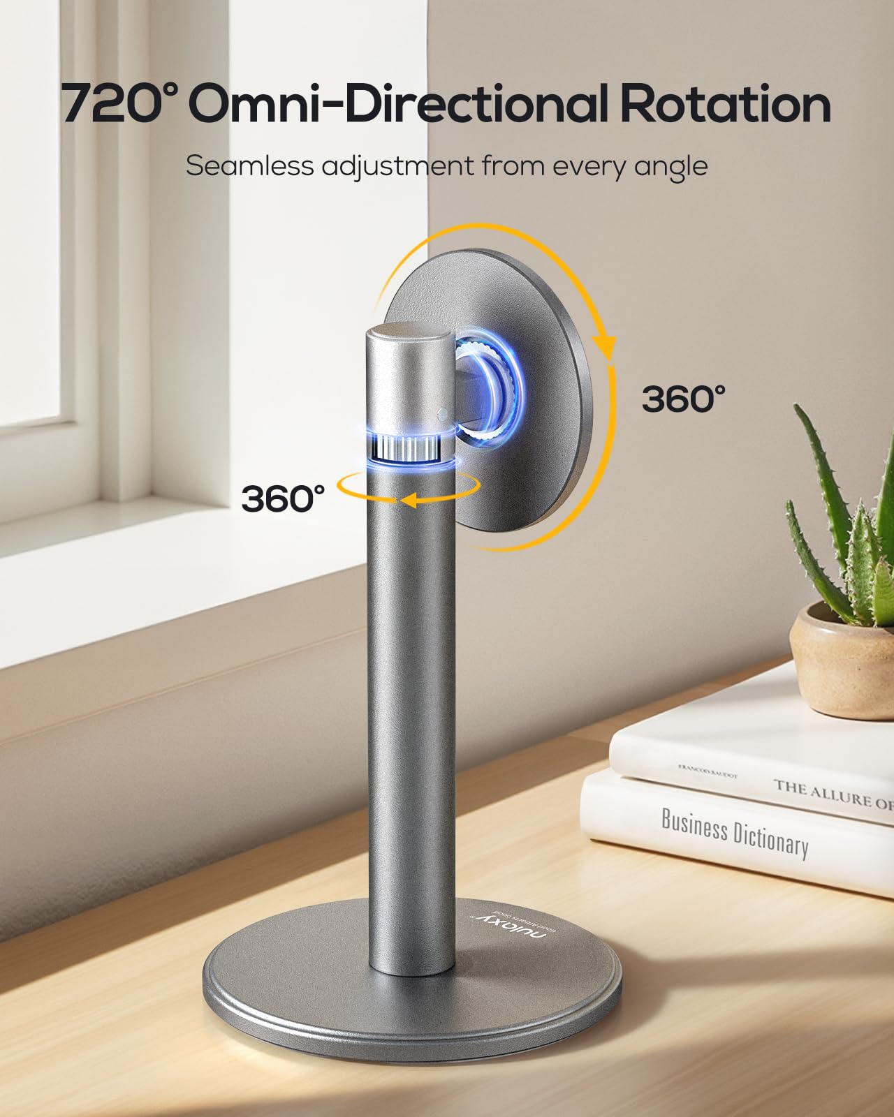 Nulaxy Magnetic Full Aluminum Cell Phone Stand for MagSafe with Metal Ring, 360 Rotating Phone Stand for Desk, Office Desk Accessories, Adjustable Phone Holder Compatible with All Phones, Gray - Medaid International