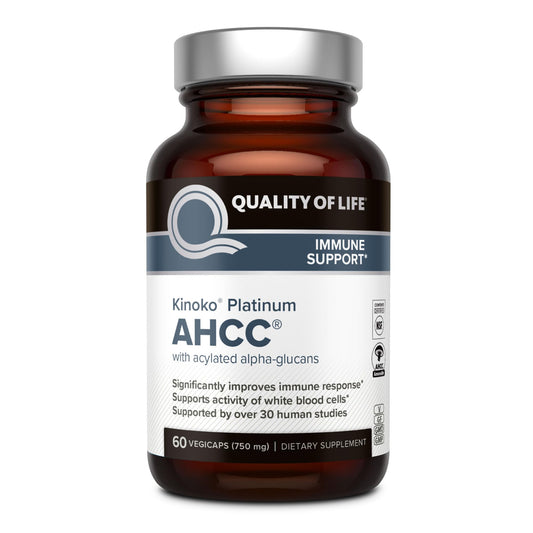 Quality of Life Premium Kinoko Platinum AHCC Herbal Supplement, 750mg per Capsule, for Immune Support, Liver Function, Maintains Natural Killer Cell Activity, Pack of 1, 60 Veggie Capsules - Medaid International