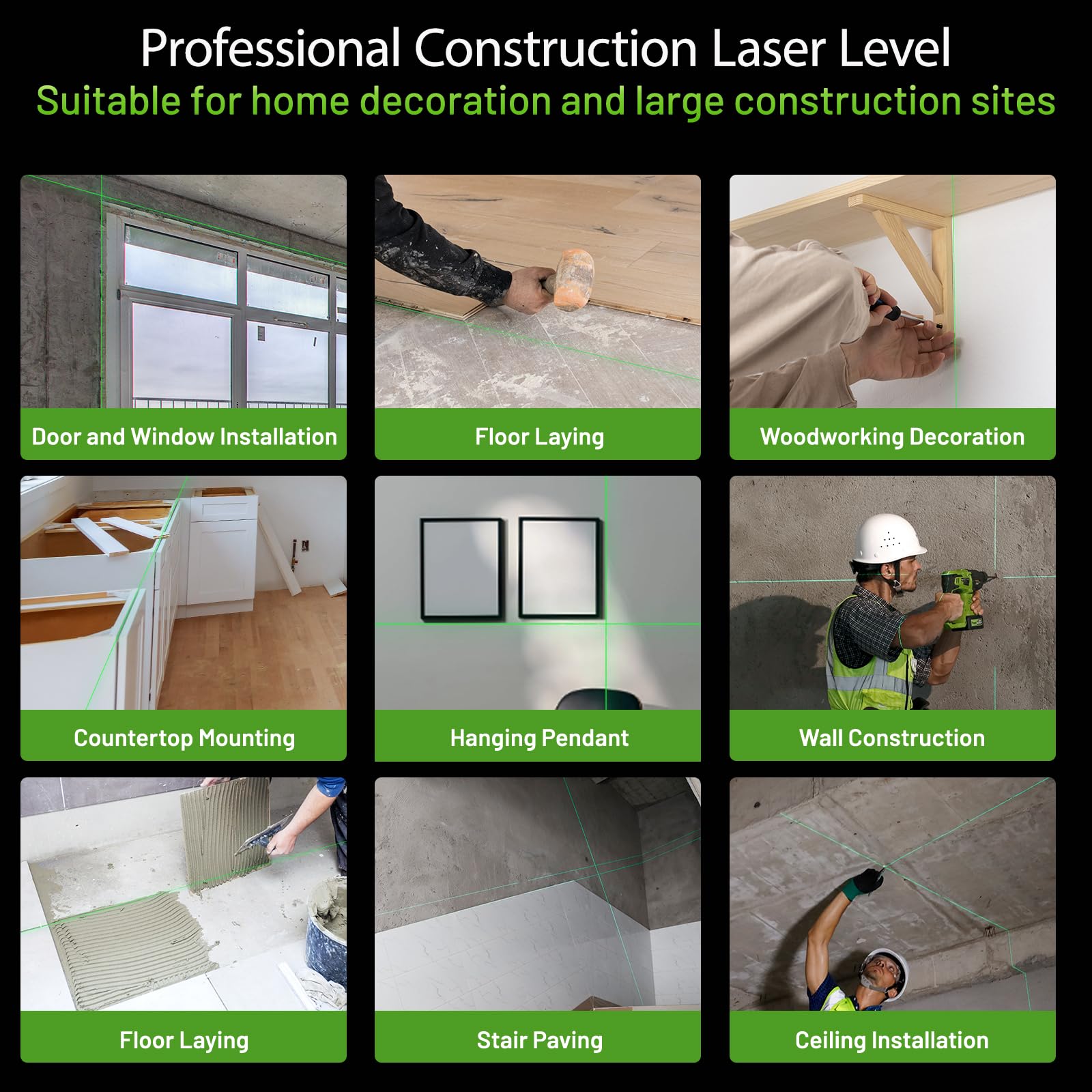 Huepar Laser Level 3x360 Self Leveling with 2 Rechargeable Batteries, 3D 12 Lines High Brightness Green Laser Level for Construction or Home Renovation, LS03CG - Medaid International