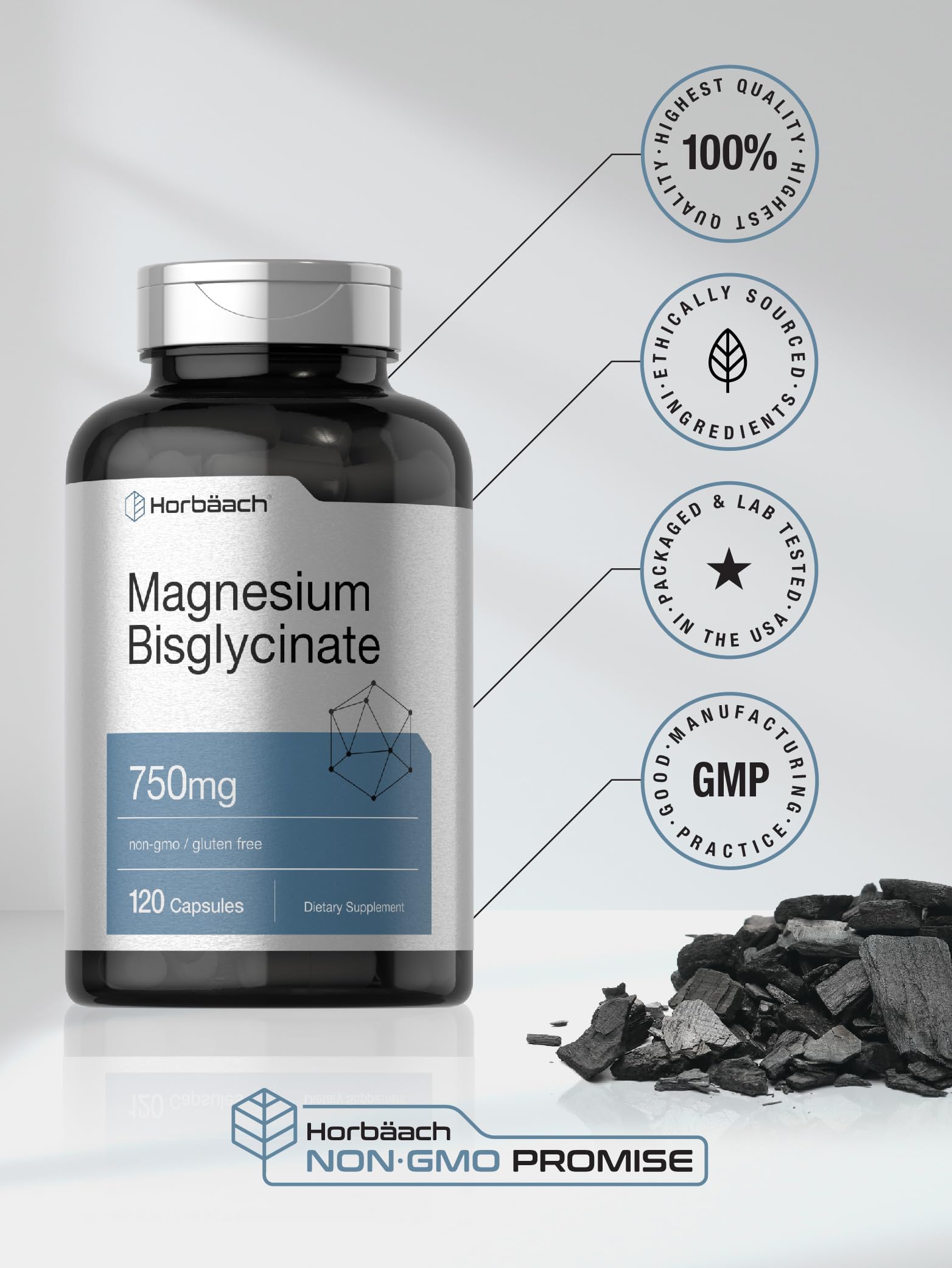 Horbäach Magnesium Bisglycinate | 120 Capsules | 750mg | Non-GMO and Gluten Free Supplement - Medaid International