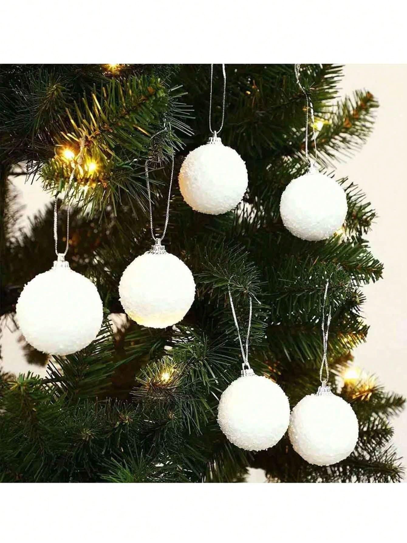 6pcsChristmas White Flocked Ball Ornaments, Snowy Textured Baubles for Tree Decor, Holiday Wreaths, Party & Gift Wrap, Infuse Winter Charm into Christmas Decorations - Medaid International
