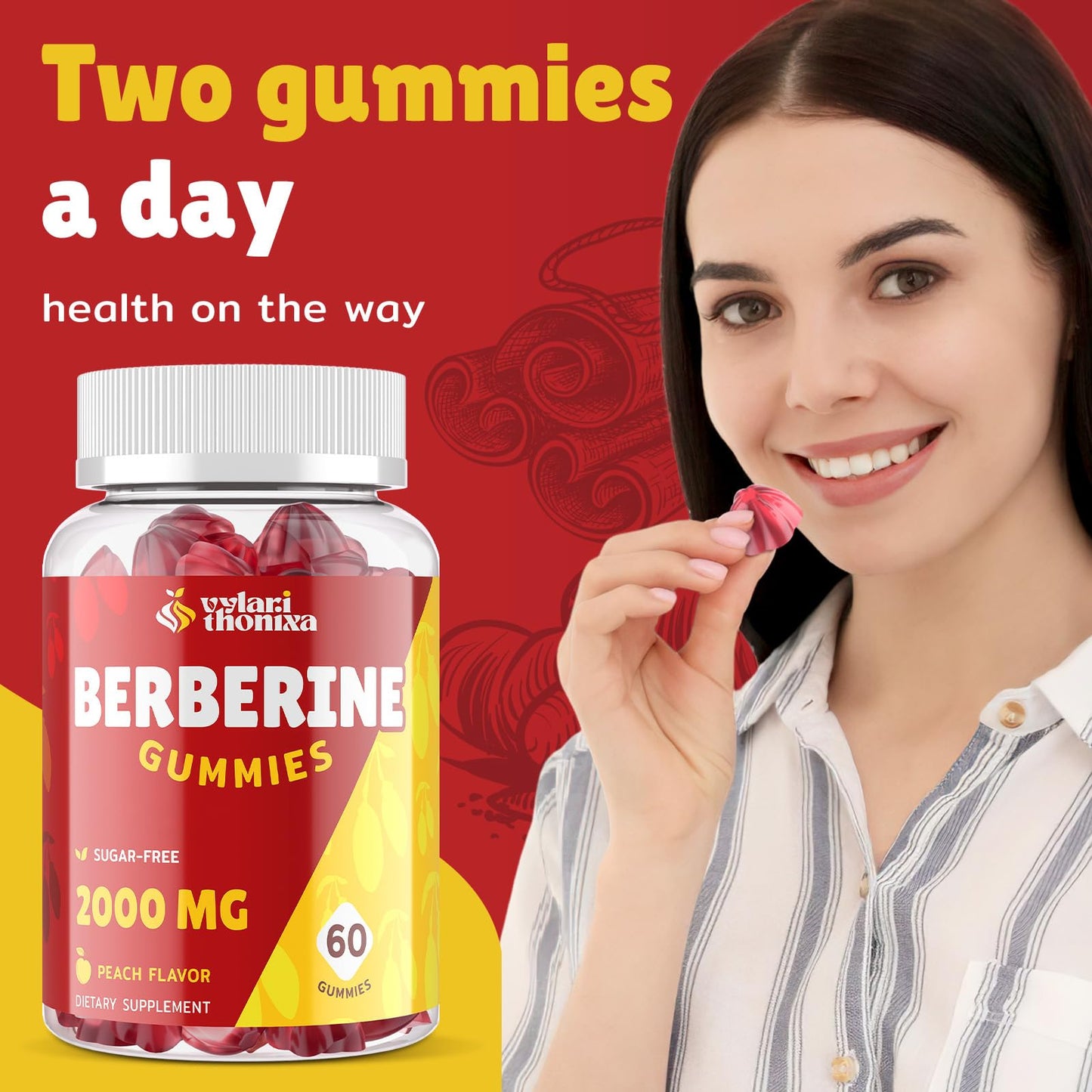 2000mg Berberine Supplement Gummies – High Potency Wellness Blend with Ceylon Cinnamon, Turmeric, Magnesium & Chromium, Vegan, Non-GMO, Gluten-Free, Peach Flavor, 60 Gummies - 1 Pack - Medaid International