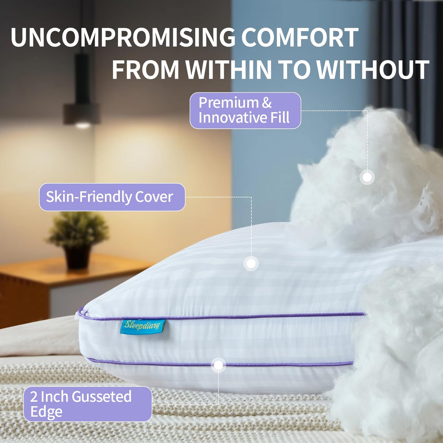 SLEEPDIARY King Size Pillows Set of 2,Hotel-Quality Bed Pillows with Zipper for Adjustable Loft, Machine Washable, Down Alternative Filling for Back, Side & Stomach Sleepers, White - Medaid International