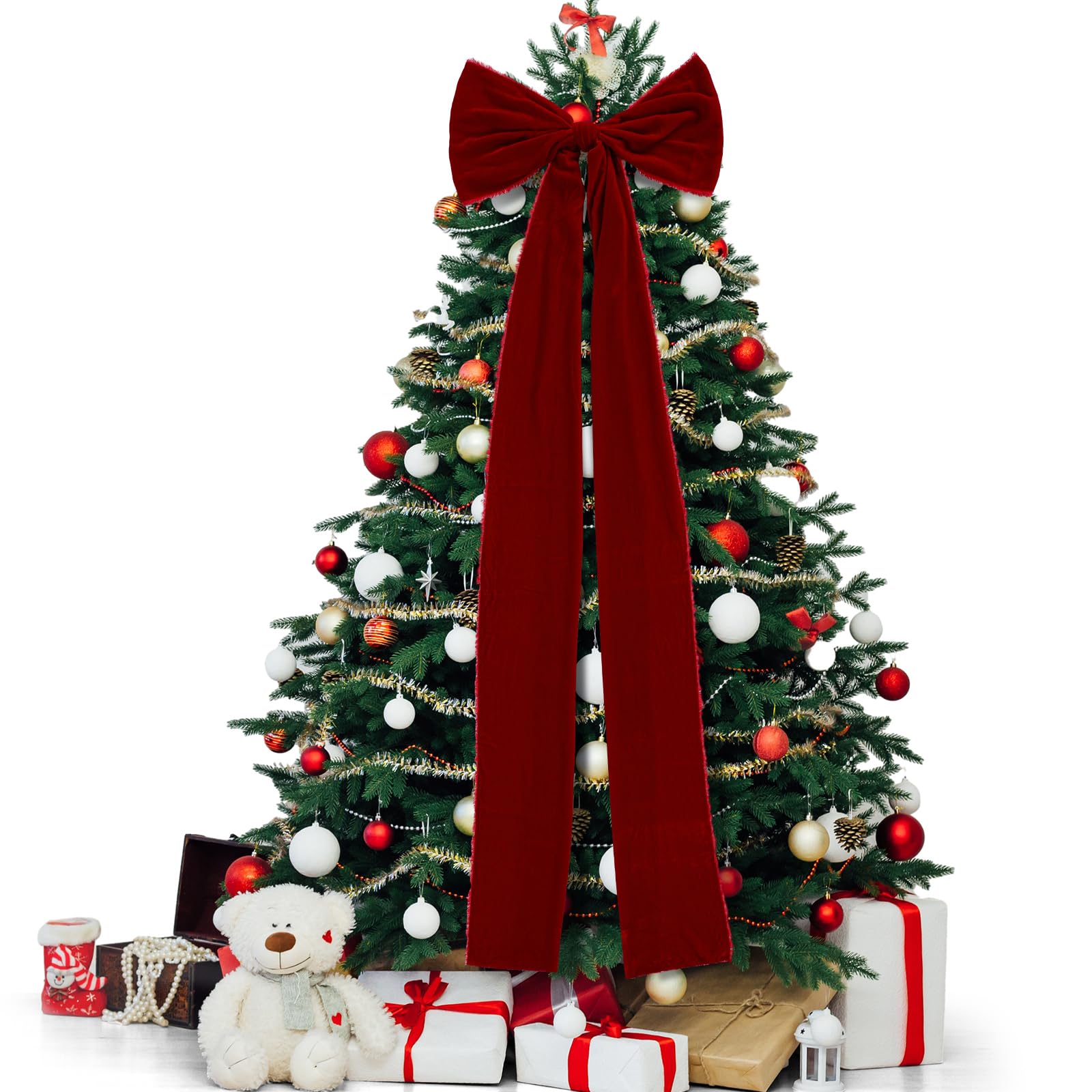 Knitgrip Extra Large Christmas Tree Topper Bows 15.7 x 47.2 Inches Giant Burgundy Christmas Velvet Decorative Bows with Long Streamers for Xmas Tree Wreath Party Holiday Farmhouse Home Decorations - Medaid International