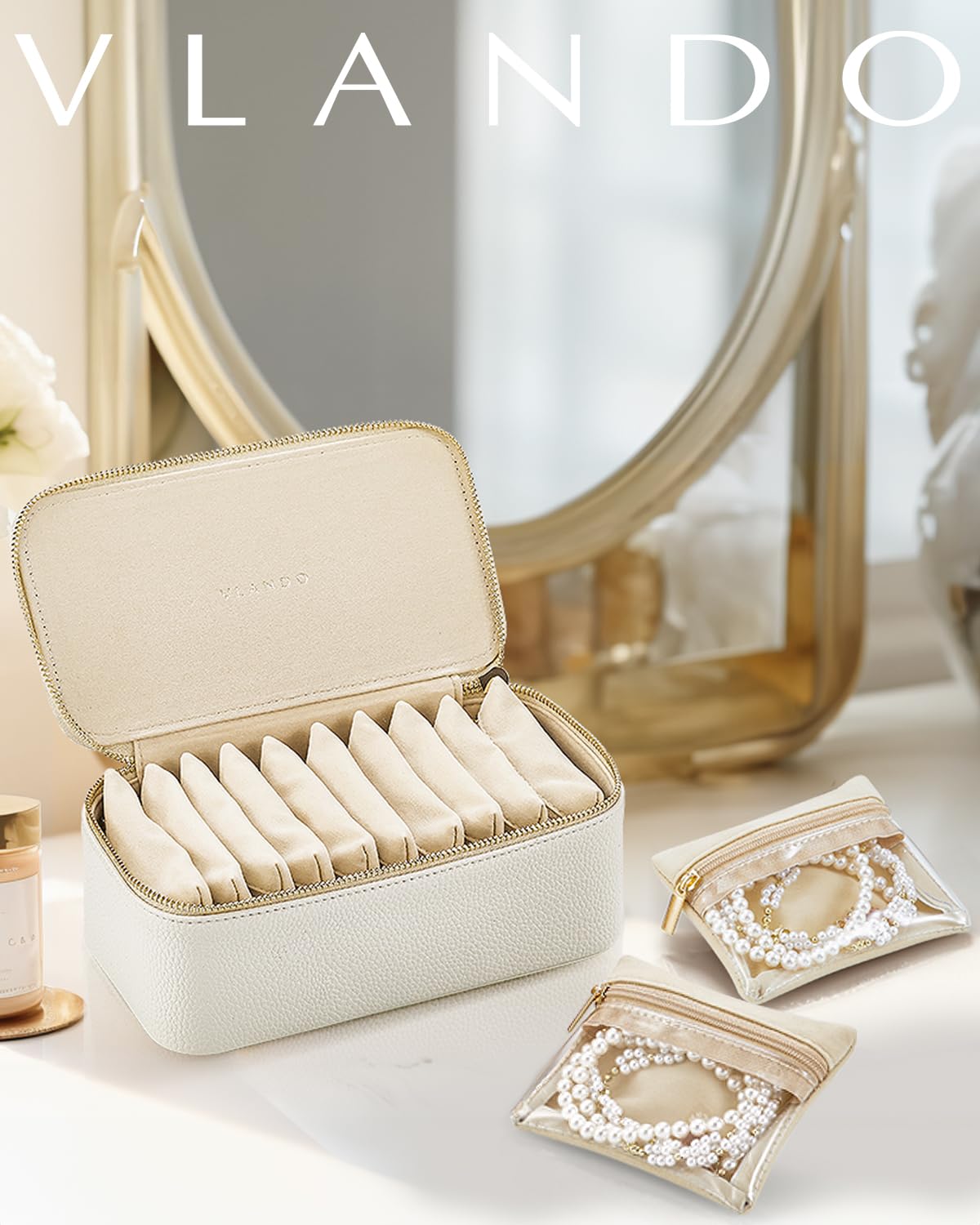 Vlando Travel Jewelry Case,Jewelry Box with 12 Velvet Jewelry Pouch Jewelry Travel Organizer for Women Girl Jewelry Case Necklace Rings Earrings Bags Wedding Gifts (White) - Medaid International