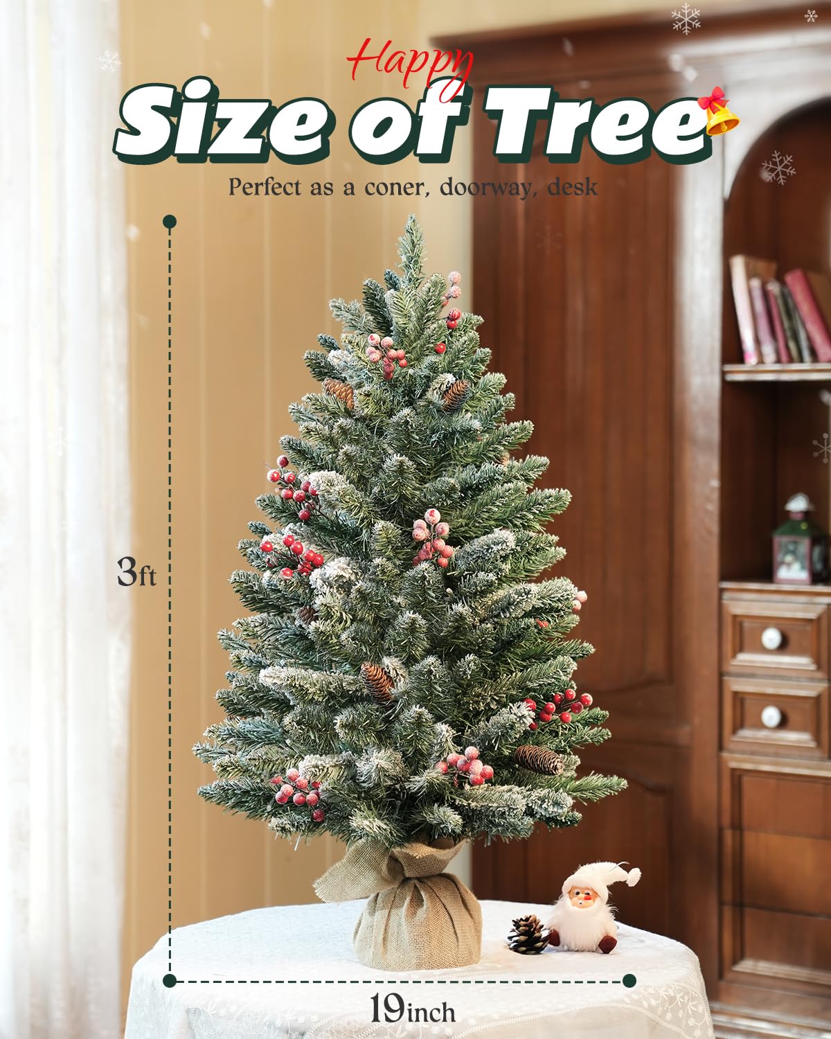 OasisCraft 3ft Tabletop Pre-lit Mini Christmas Tree with LED Lights and Pine Cones, Artificial Tree for Table/Desk Decoration - Medaid International