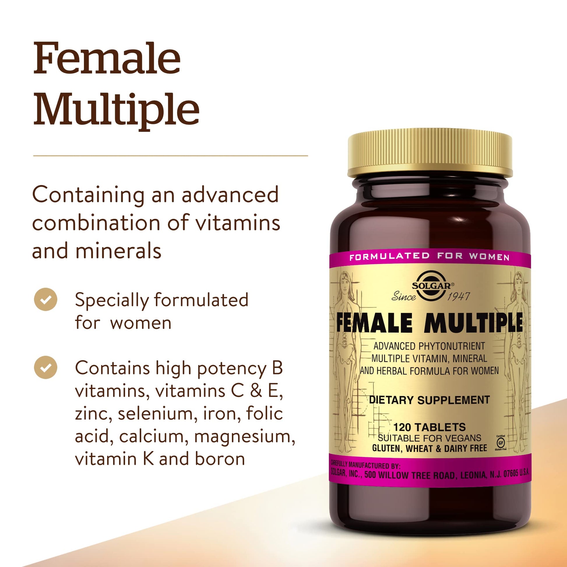 Solgar Female Multiple, 120 Tablets - Multivitamin, Mineral & Herbal Formula for Women - Advanced Phytonutrient - Vegan, Gluten Free, Dairy Free, Kosher - 40 Servings - Medaid International