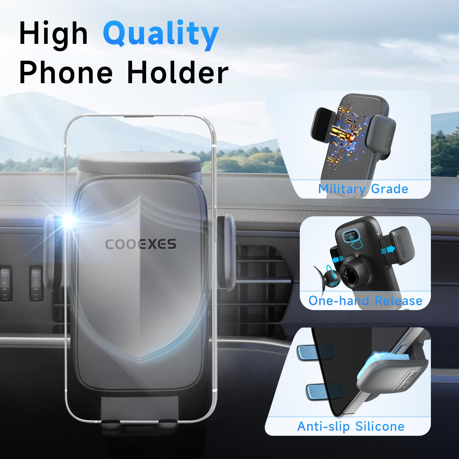 COOEXES Car Phone Holder, 360°Rotation Vacuum Suction Cup Phone Mount - 108LBS Nano Gel for Car, Bendable Arm & One-Hand Release, Truck Phone Holder for iPhone 17 Pro Max Samsung Android - Medaid International