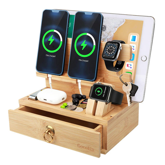 Gocokia Multifunctional Bamboo Stands, Dual Cell Phone Holder, Tablet Storage Stand, Watch Storage Hanger, Bamboo Cell Phone Holder with Drawer - Medaid International
