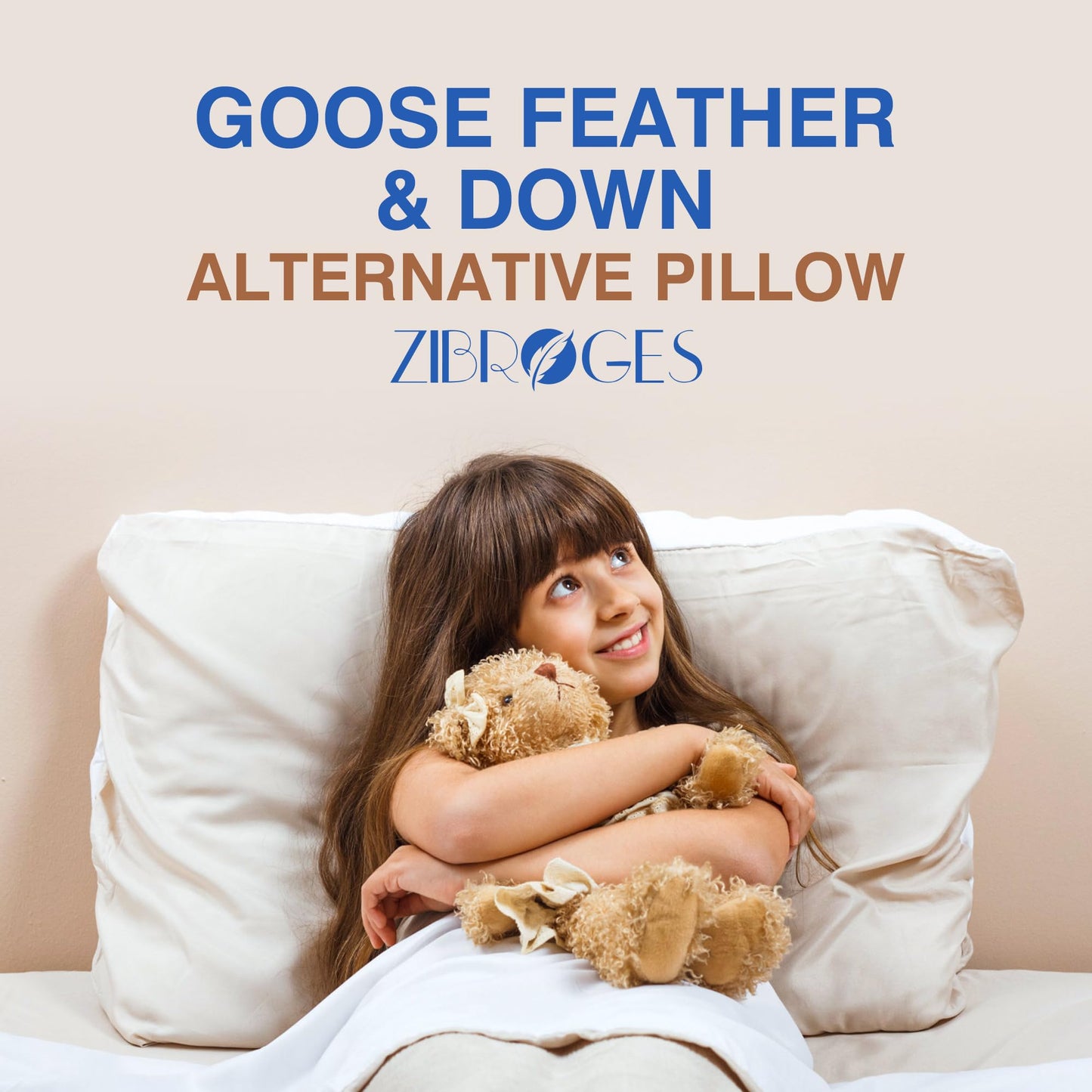 zibroges Goose Feather Pillows Queen Size Pack of 2 - Hotel Down Bed Pillow for Sleeping, Soft 600 Thread Count Cotton Cover, Fluffy Support Surround Fill Polyester for Side, Stomach, Back Sleepers - Medaid International