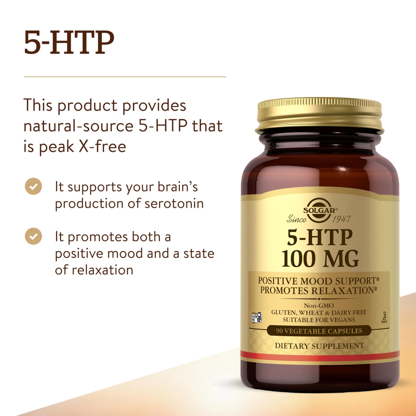 Solgar 5-HTP 100 mg, 90 Vegetable Capsules - Promotes Relaxation - Positive Mood & Stress Support - Non-GMO, Vegan, Gluten Free, Dairy Free, Kosher - 90 Servings - Medaid International