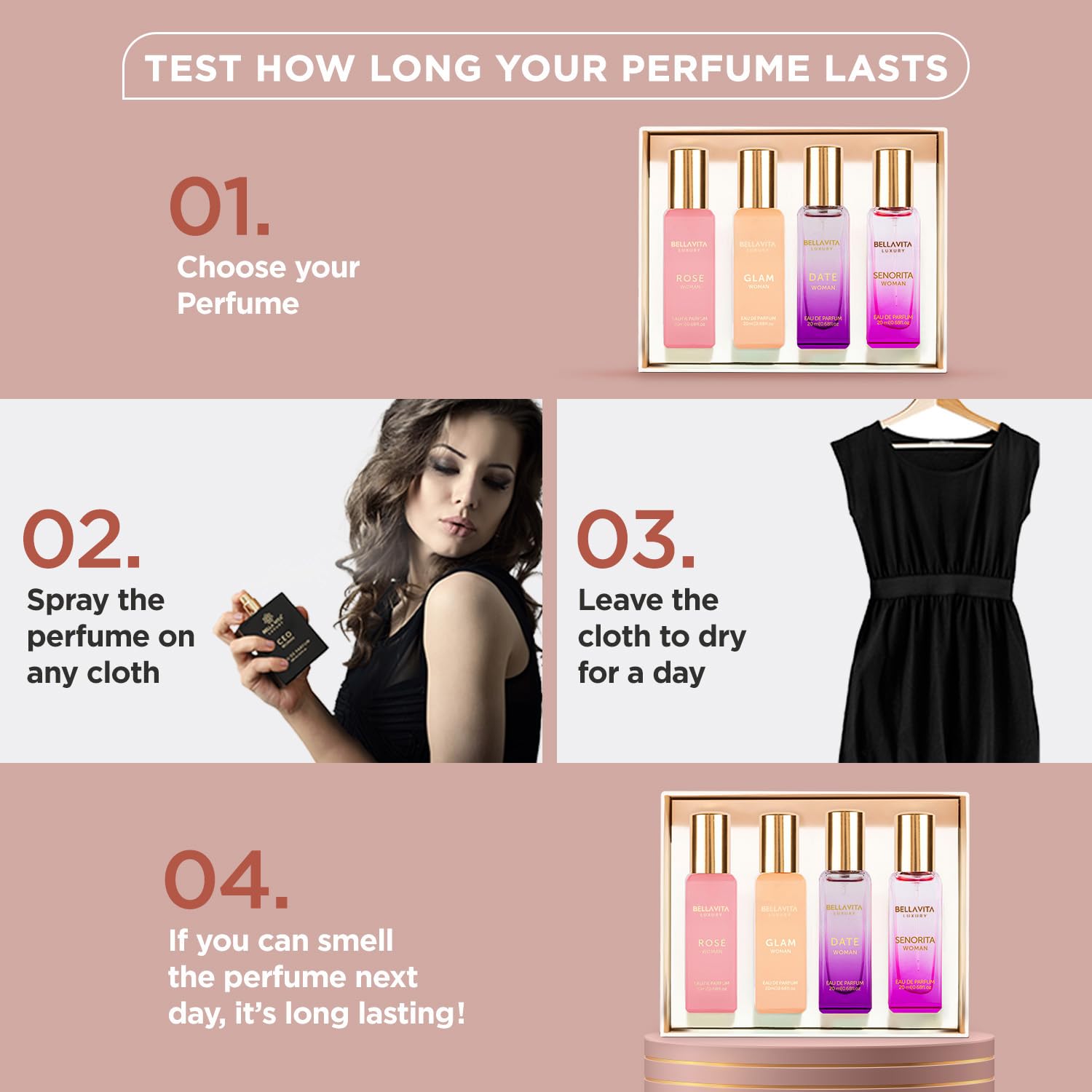 BellaVita Luxury Women's Perfume Gift Set (4x20ml) | Notes of Floral, Sweet, Spicey Red Fruit, Vanilla & Musk | DATE, SENORITA, GLAM & ROSE | French Parfum Collection Gift Set - Medaid International